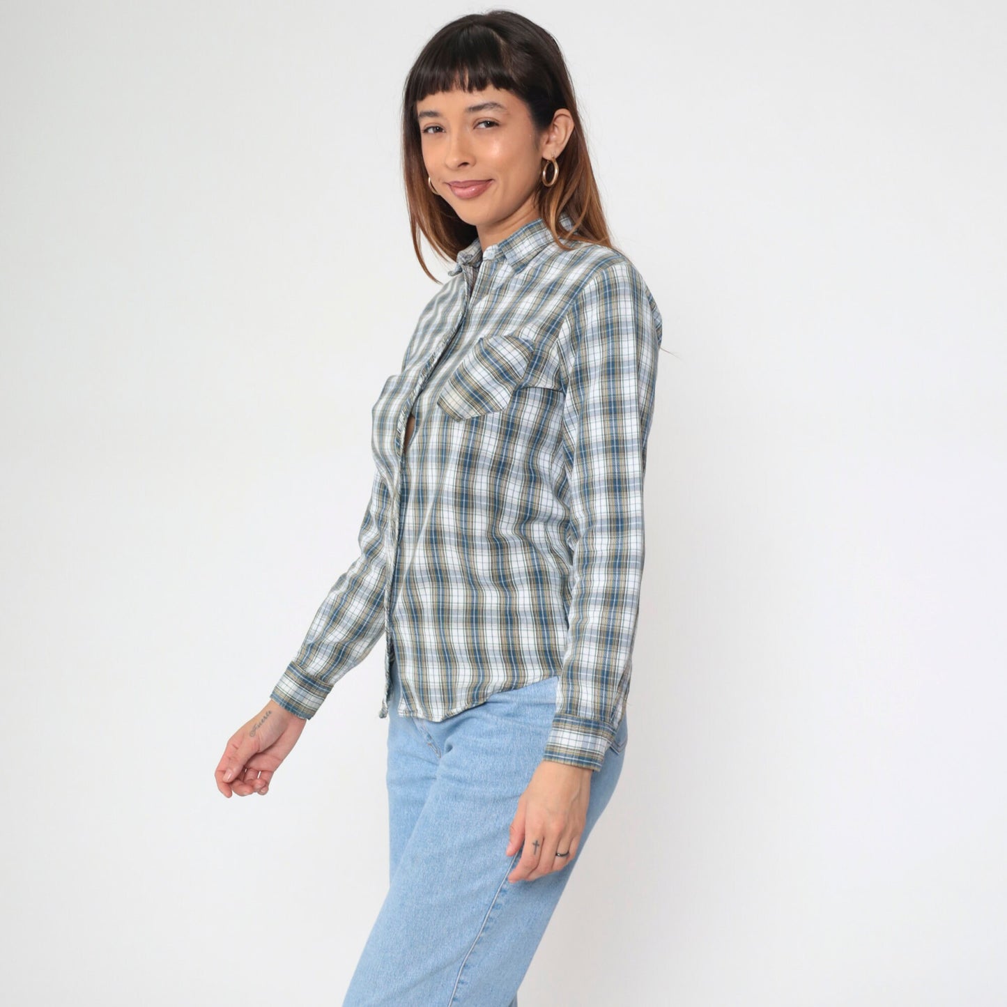 70s/80s Plaid Cotton Button-Up Blouse White Blue Yellow Checkered Long Sleeve Medium