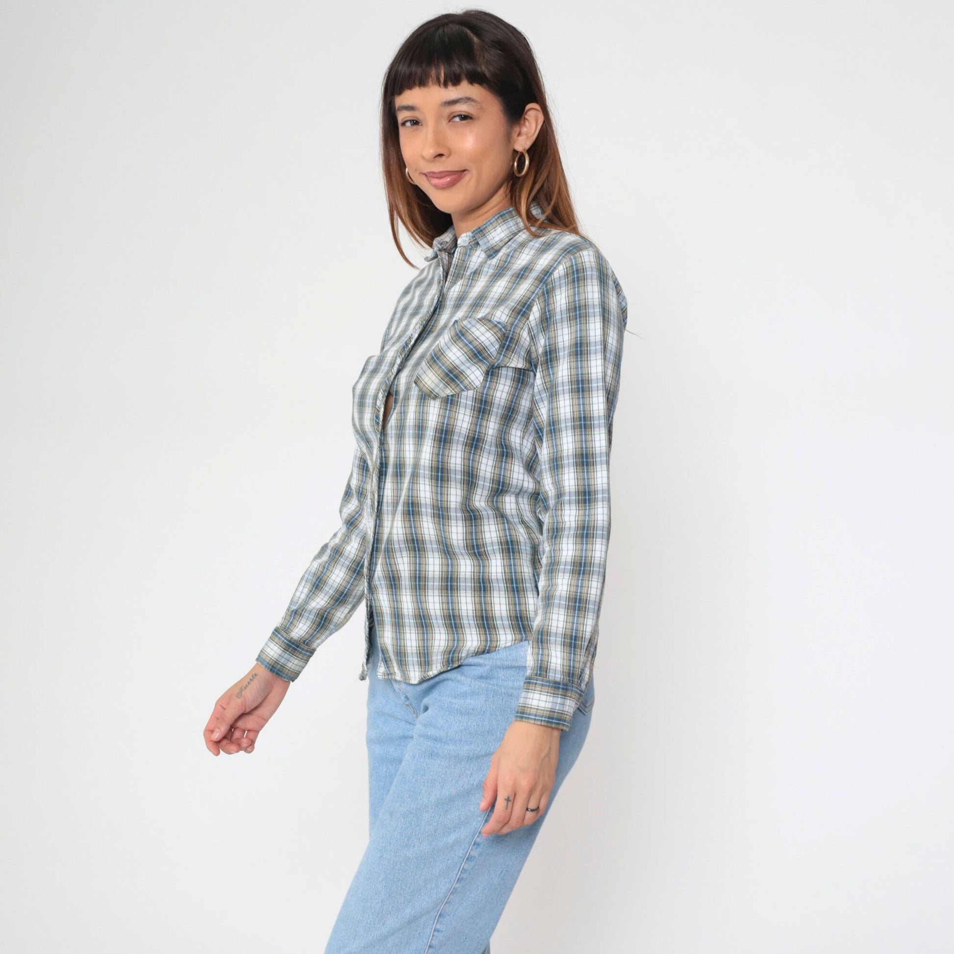 70s/80s Plaid Cotton Button-Up Blouse White Blue Yellow Checkered Long Sleeve Medium