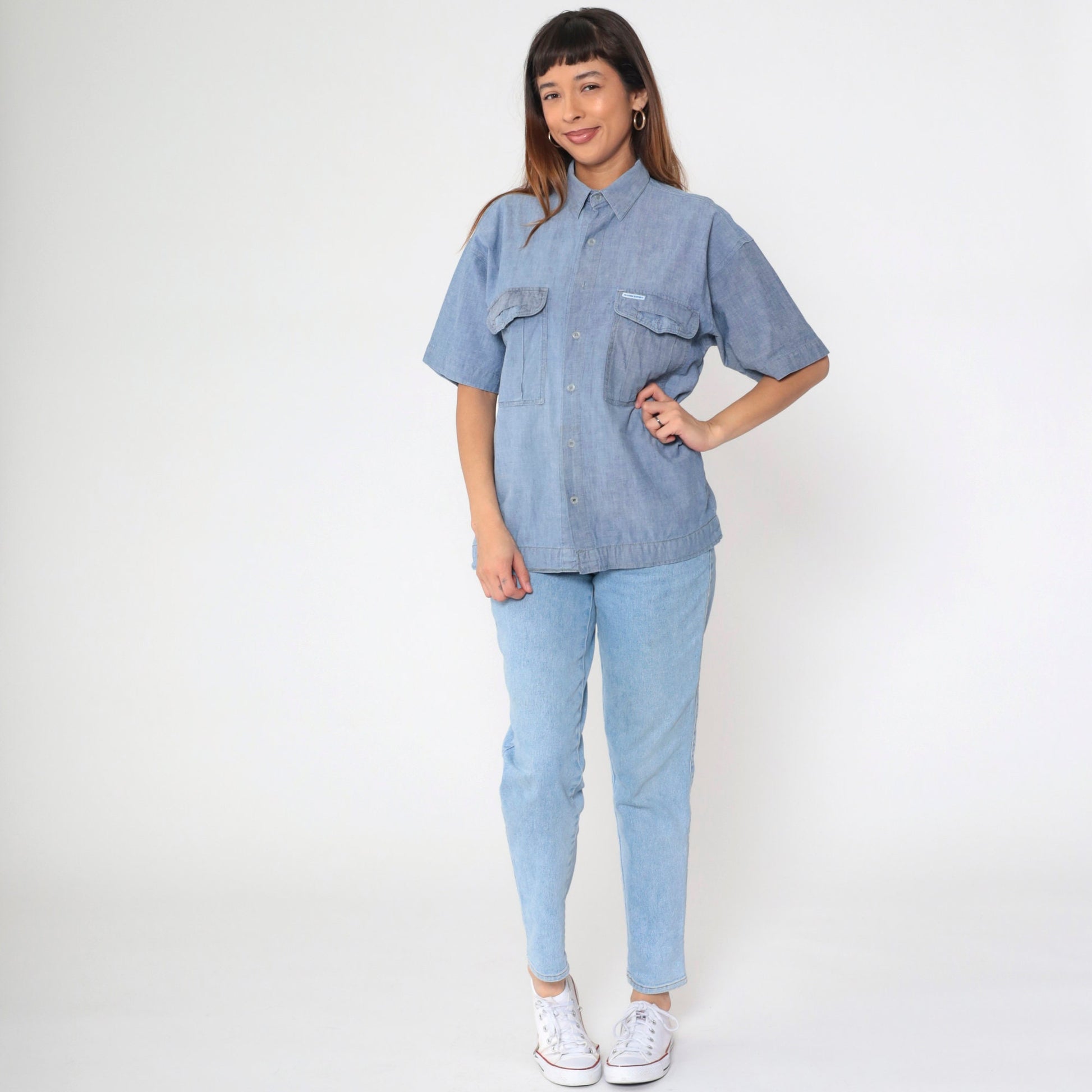90s Blue Chambray Button-Up Shirt Short Sleeve Denim Oxford Medium
