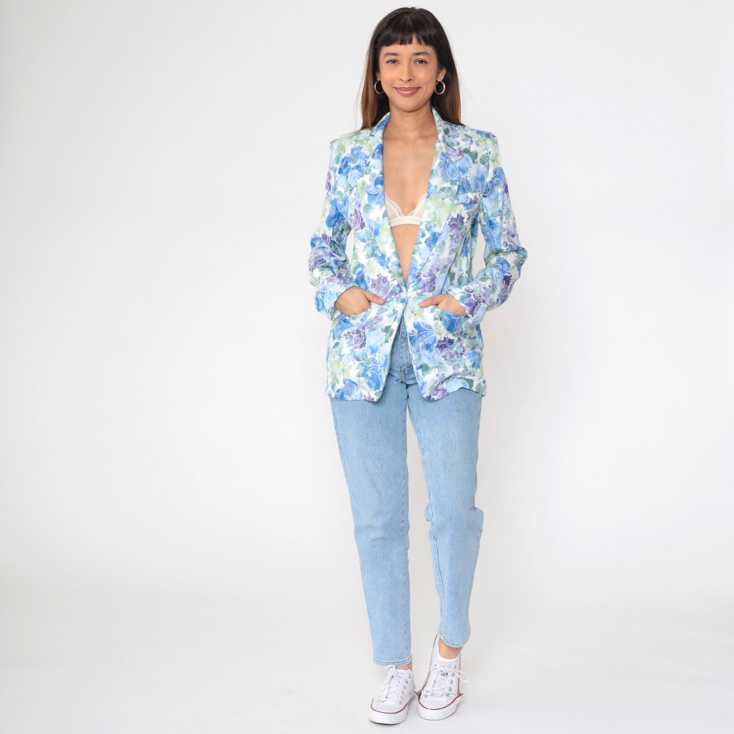 90s Floral Jacquard Blazer Blue Green Paisley Notch Lapel Medium