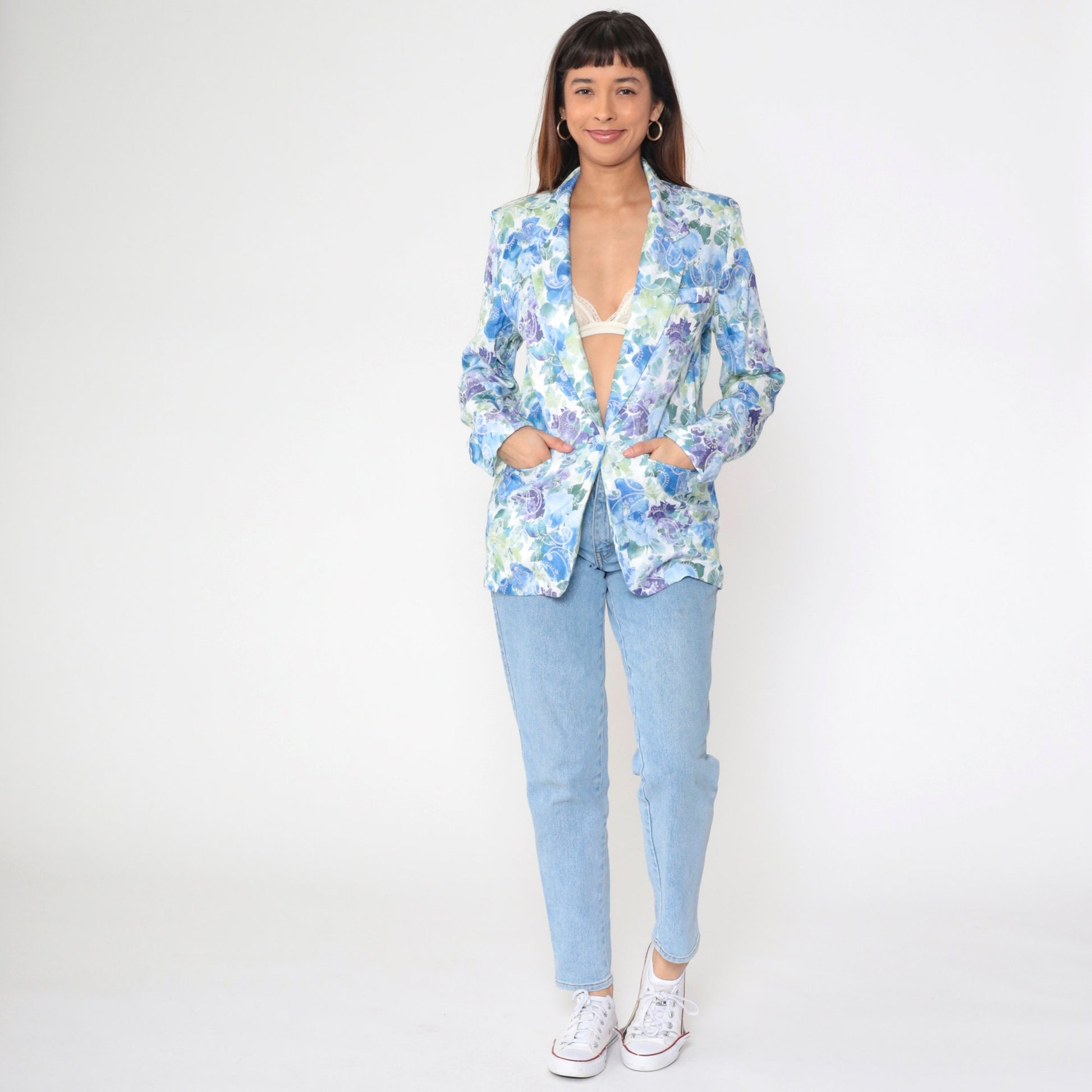 90s Floral Jacquard Blazer Blue Green Paisley Notch Lapel Medium