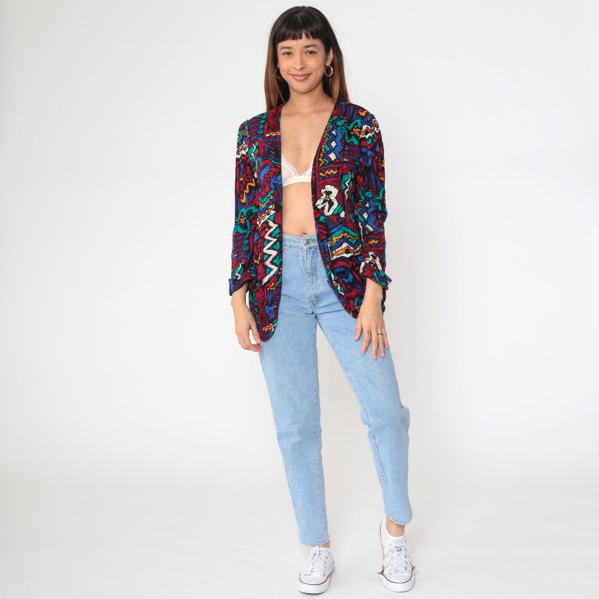 90s Abstract Geometric Floral Blazer Jacket Red Blue Open Front Puff Sleeve Medium Petite