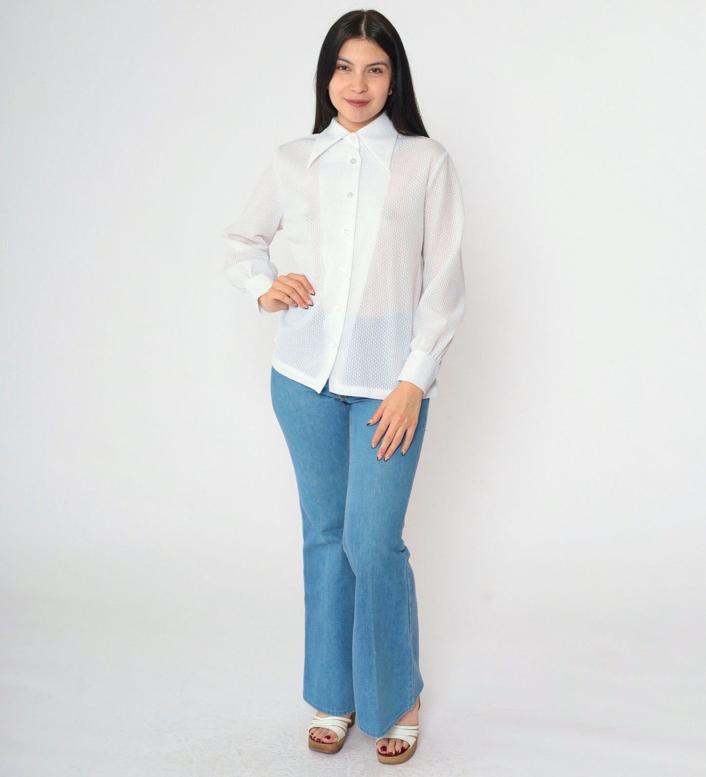 70s White Textured Disco Collar Button-Down Blouse Long Sleeve Medium Large