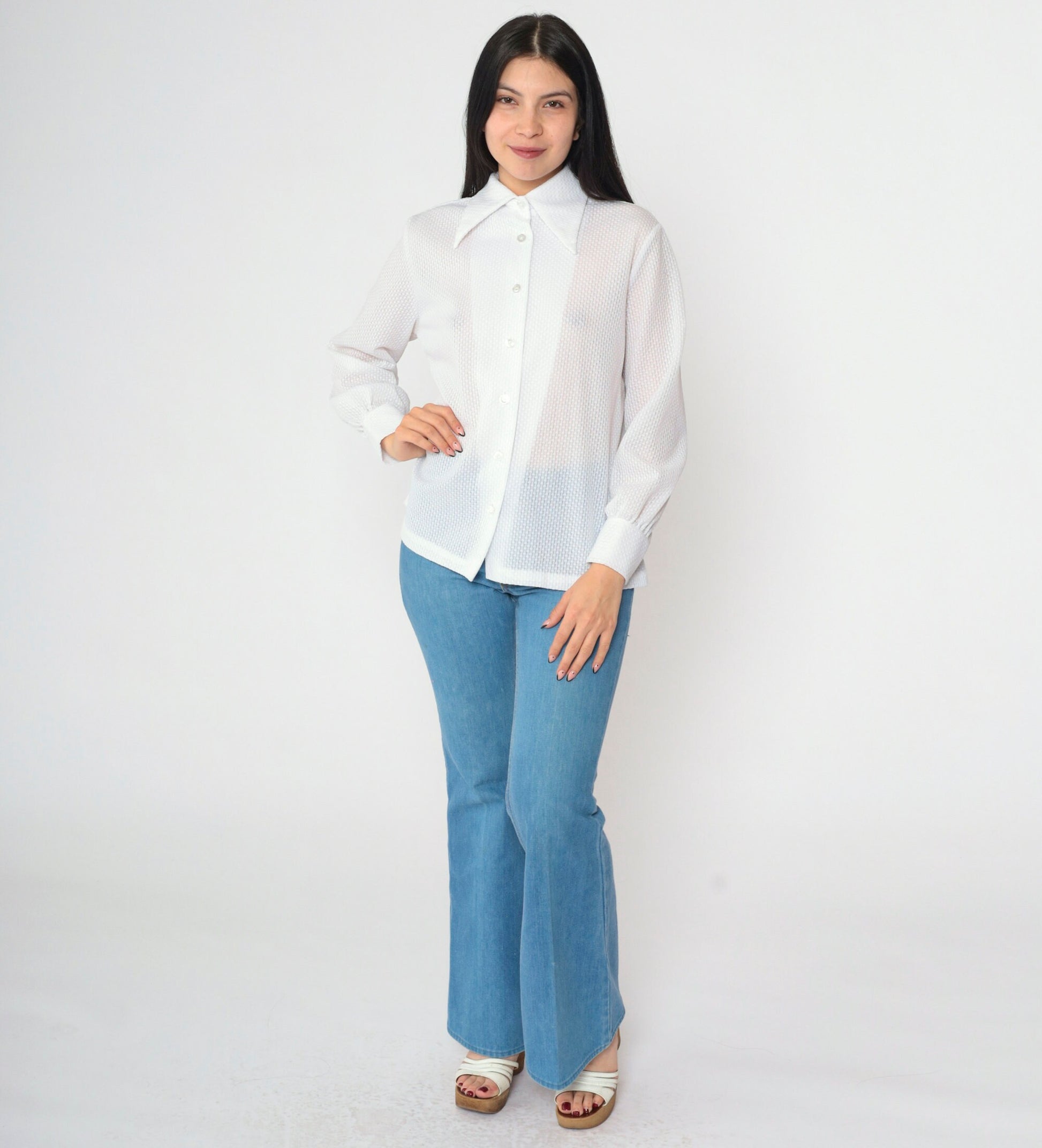 70s White Textured Disco Collar Button-Down Blouse Long Sleeve Medium Large