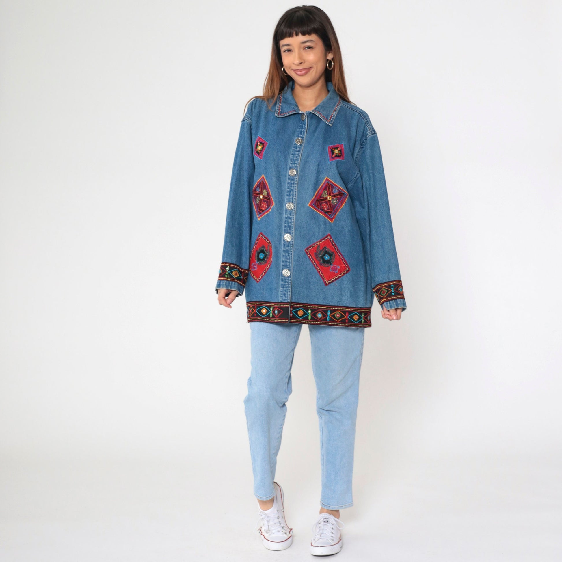 90s Floral Embroidered Denim Jacket Shisha Mirror Work Blue Cotton Extra Large