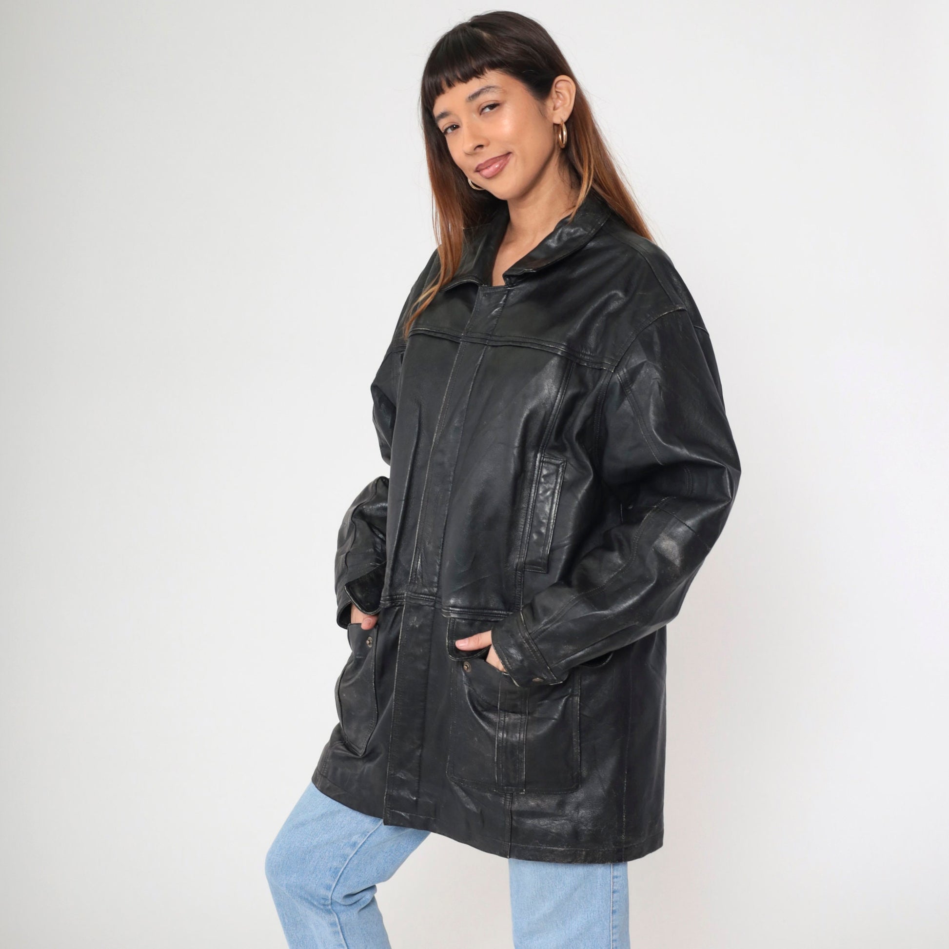 90s Black Deerskin Leather Coat Cargo Pockets Zip Snap Longline Large L