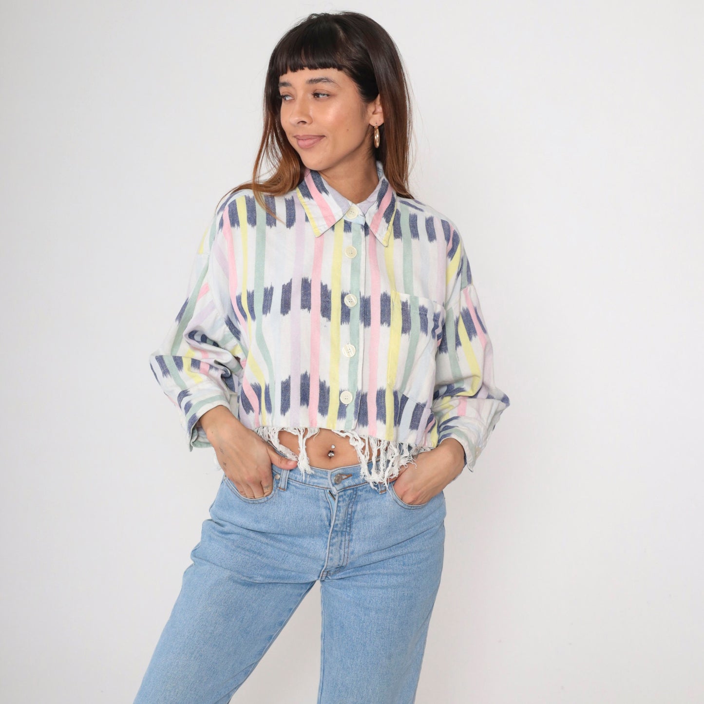 90s Ikat Striped Cotton Blouse Button-Up Long Sleeve Cropped White Small
