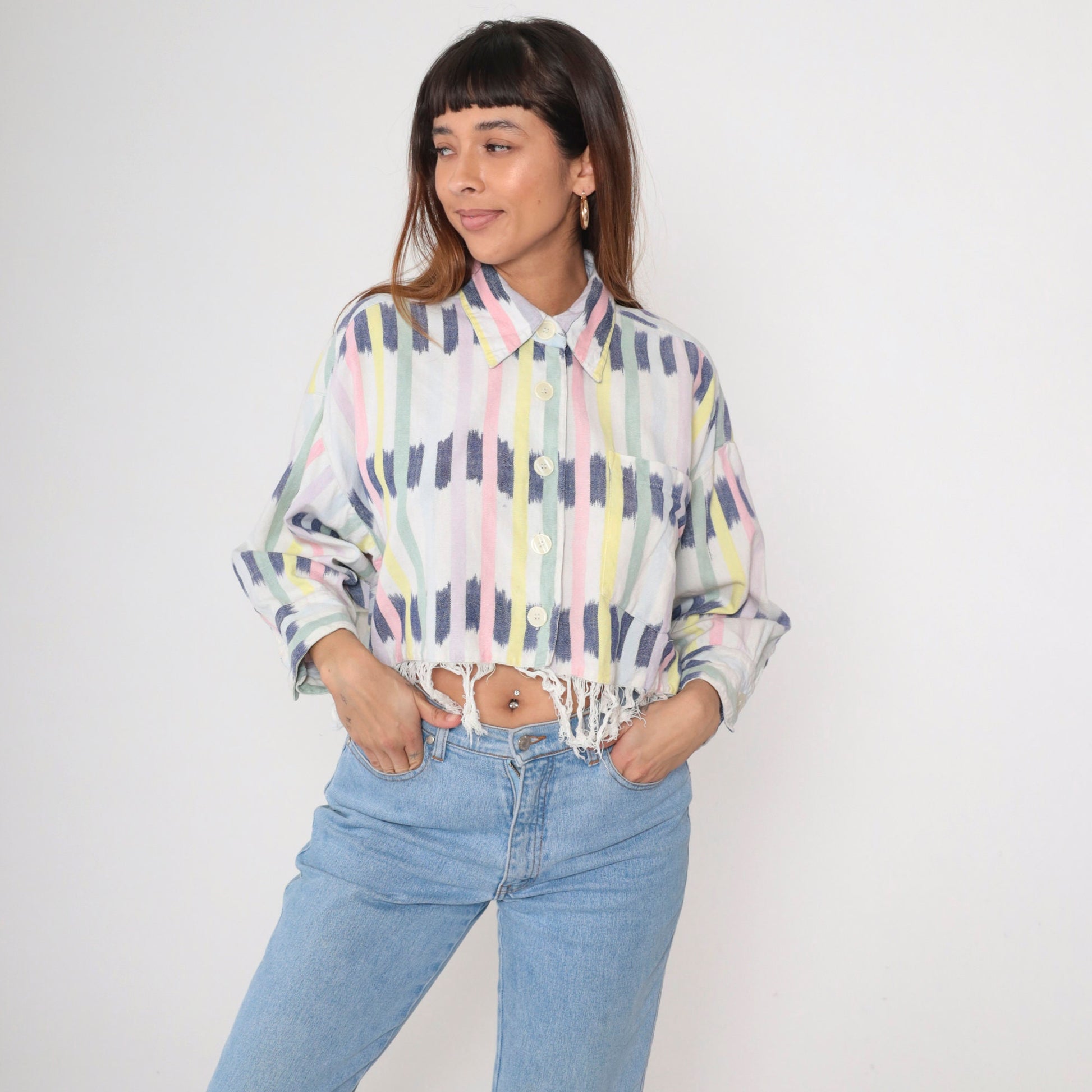 90s Ikat Striped Cotton Blouse Button-Up Long Sleeve Cropped White Small