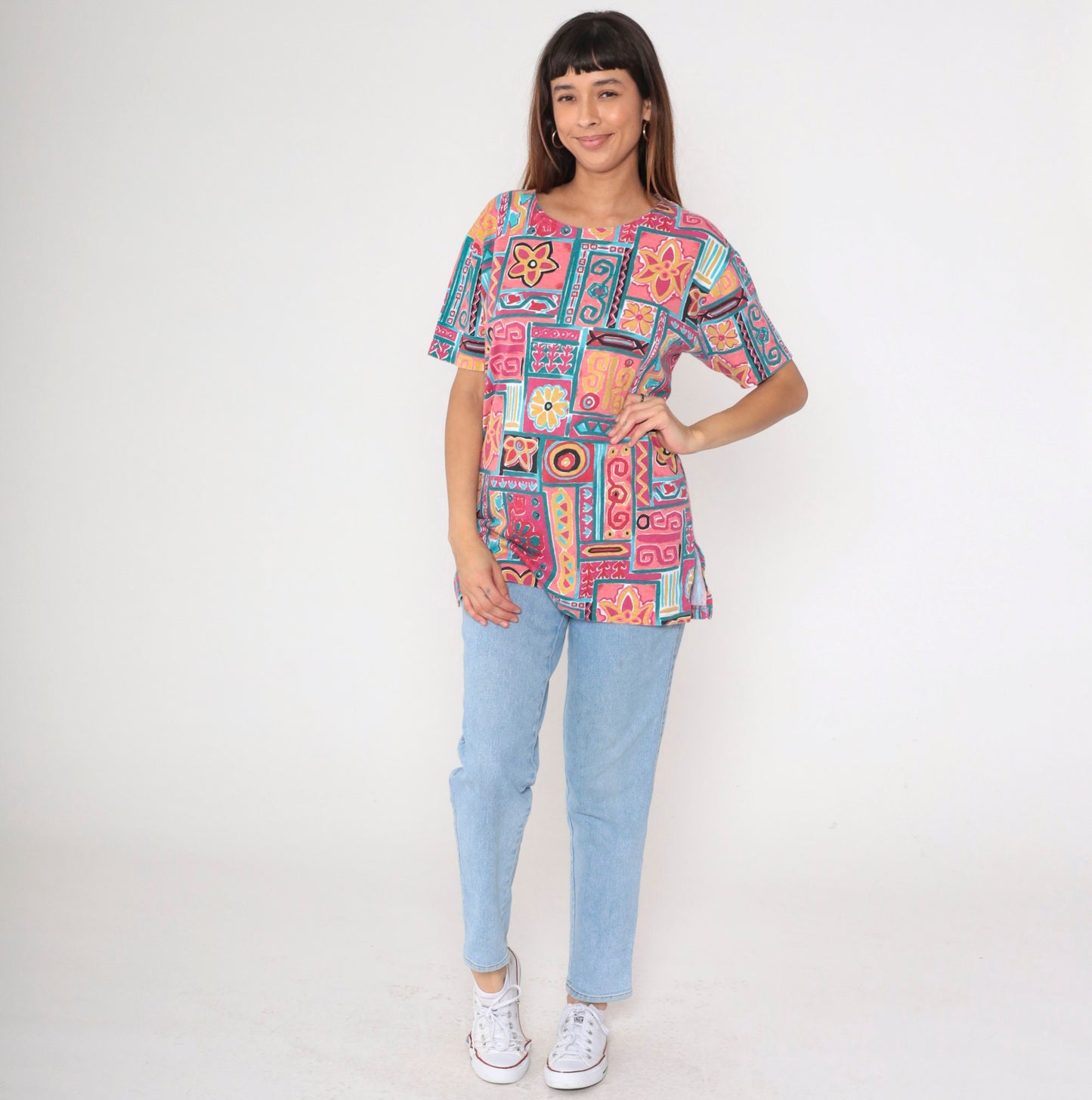 90s Geometric Floral T-Shirt Pink Teal Cotton Blend Medium