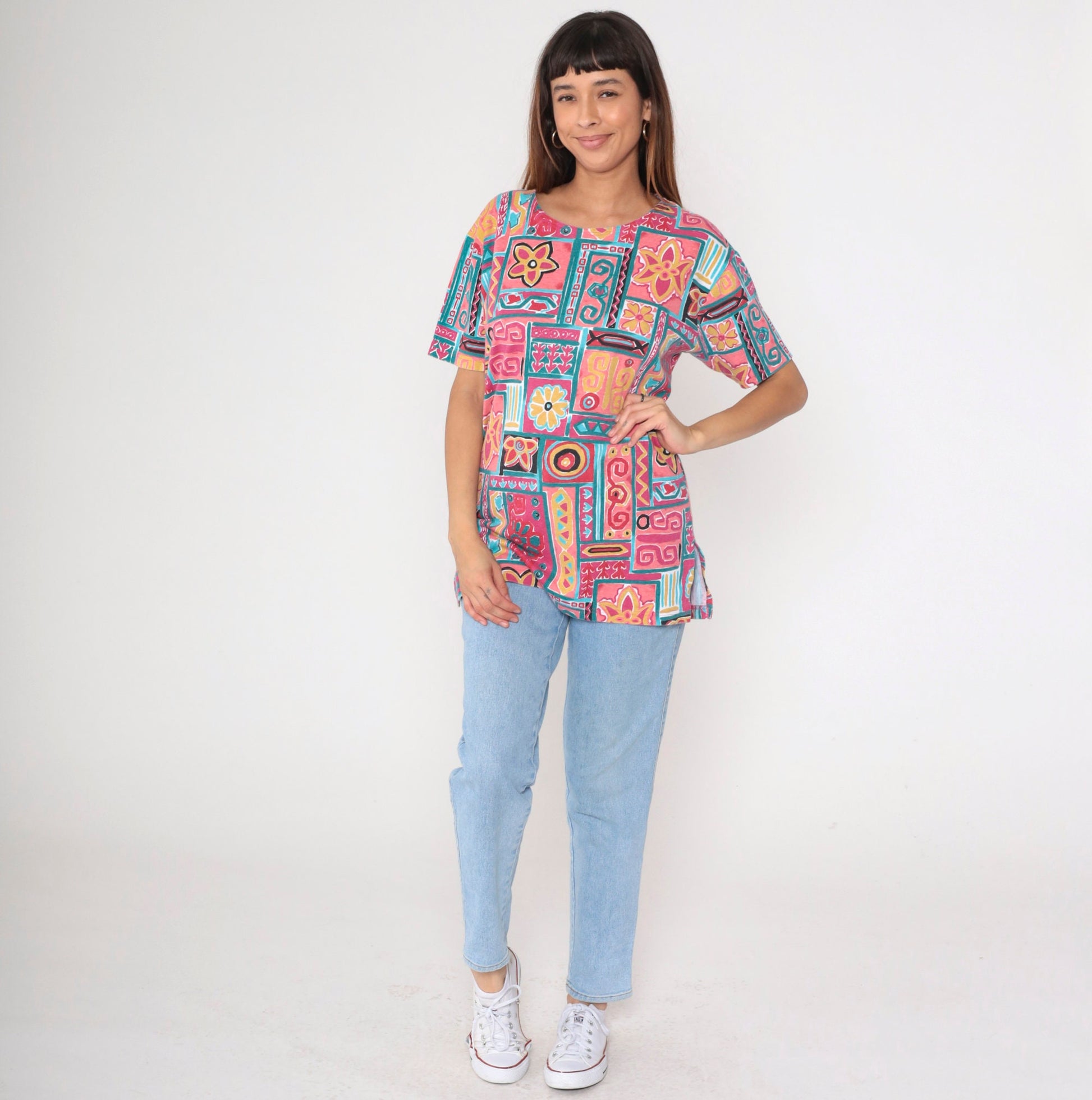 90s Geometric Floral T-Shirt Pink Teal Cotton Blend Medium
