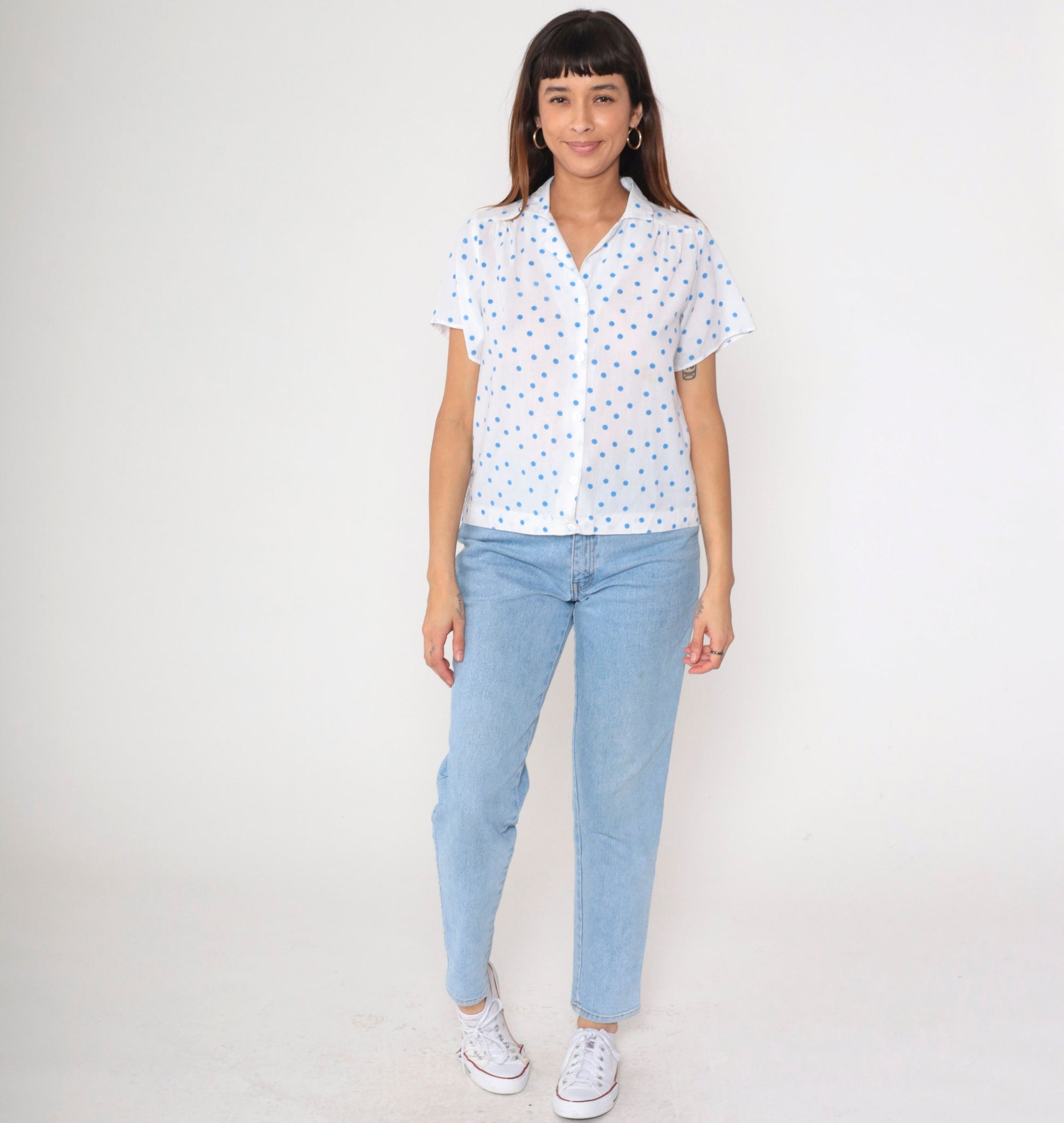 80s White Blue Polka Dot Button-Up Blouse Short Sleeve Medium