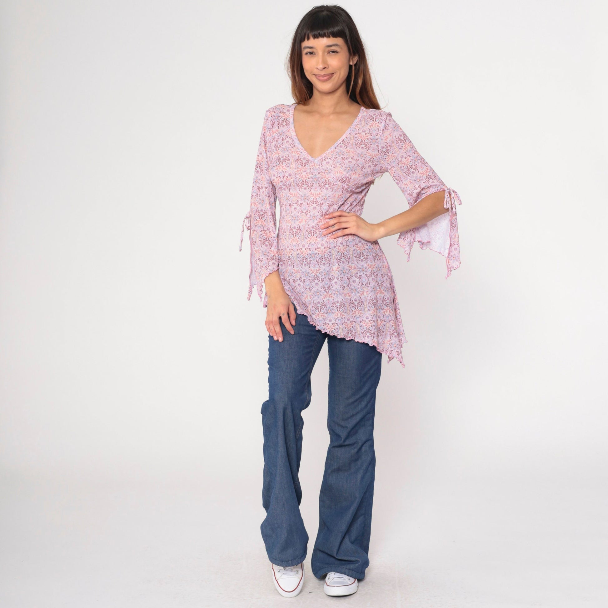 Y2K Paisley V-Neck Blouse Pink Bell Sleeve Asymmetrical Lettuce Edge Large L