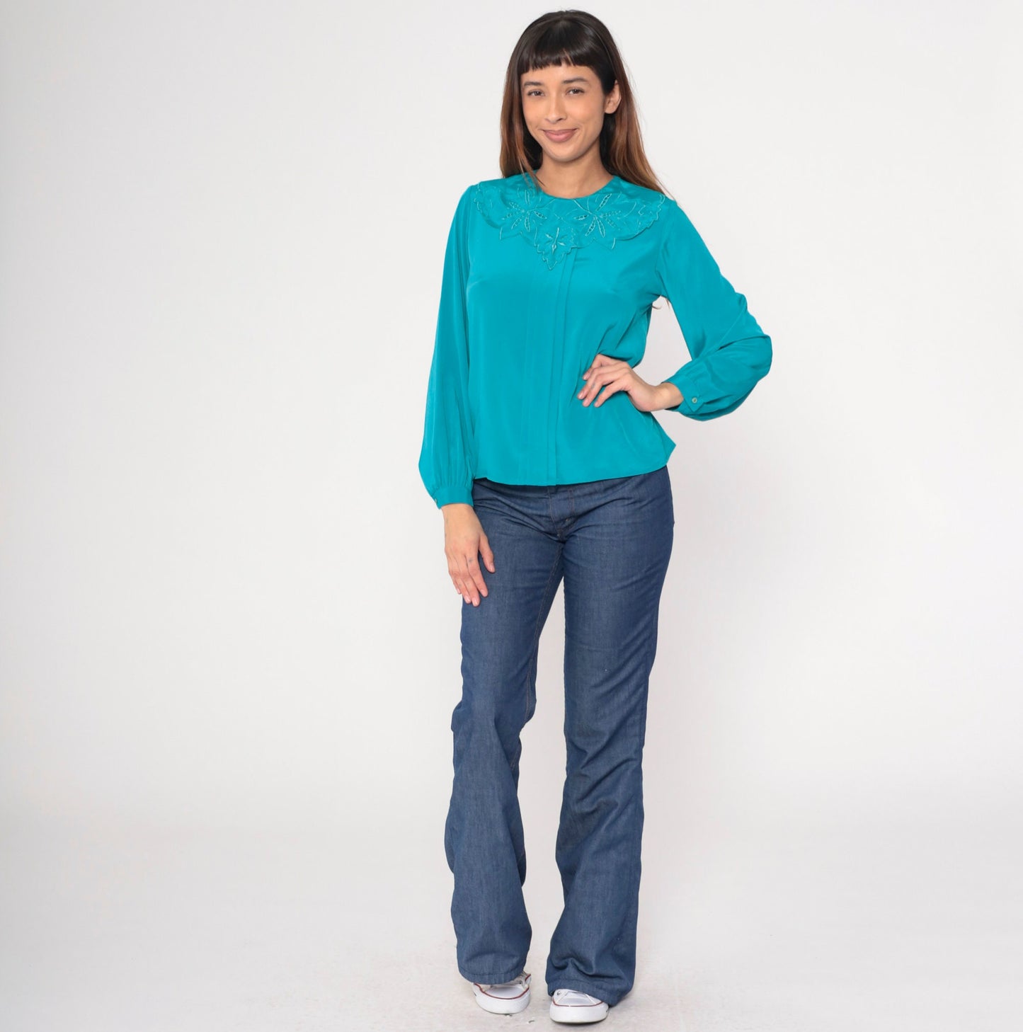80s Teal Embroidered Cutwork Collar Blouse Button-Back Long Sleeve Small