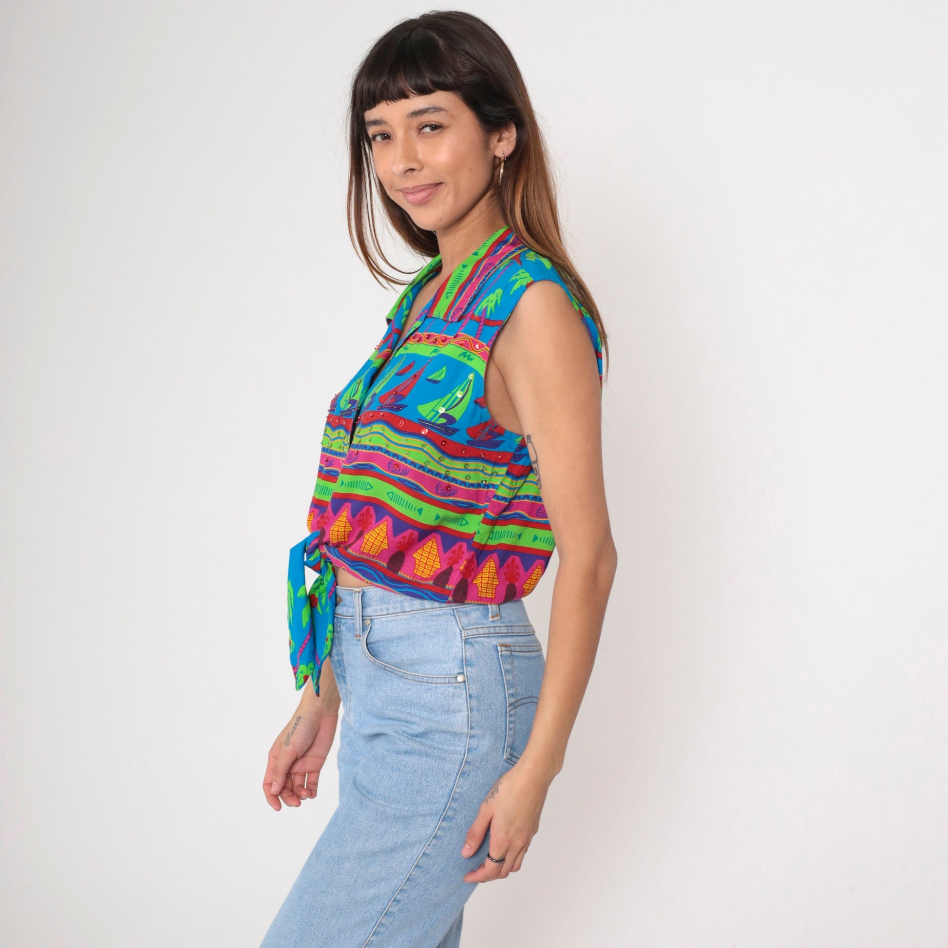 90s Tropical Sequin Tie-Front Blouse Sailboat Beaded Sleeveless Small