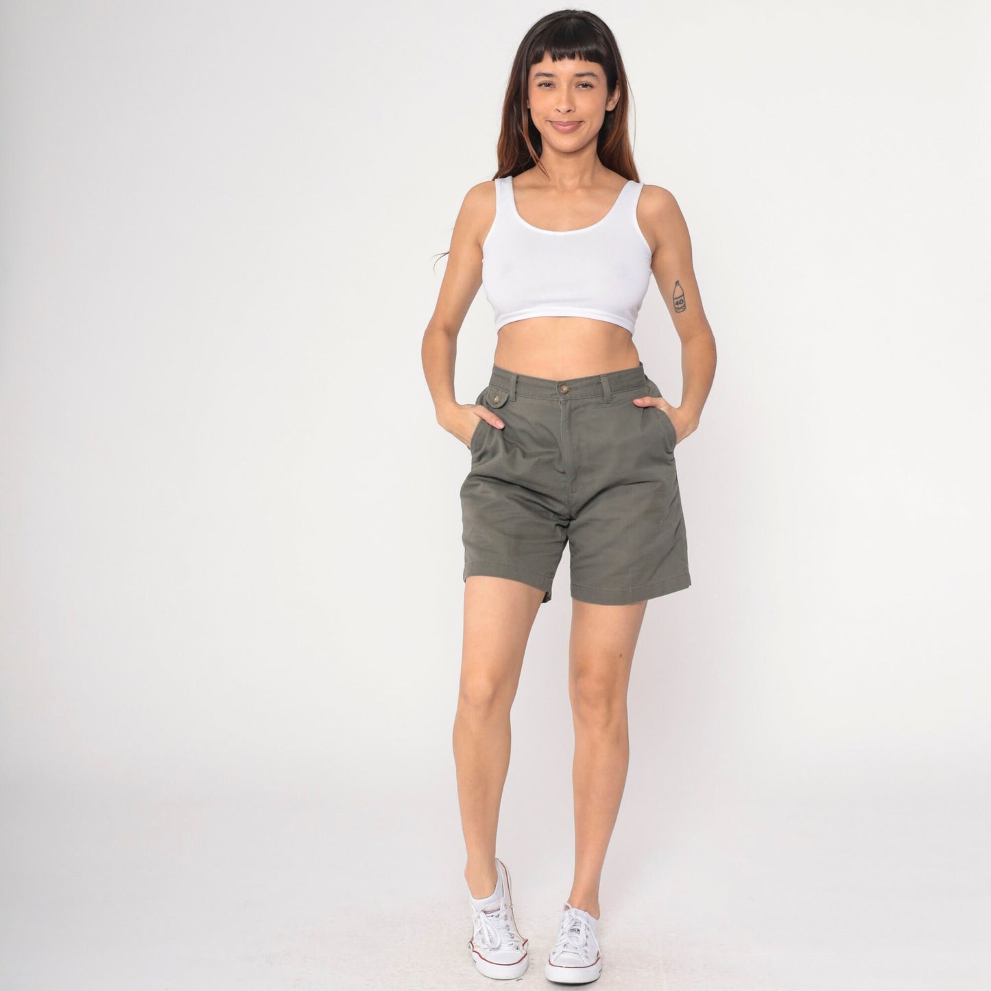 00s Taupe High-Waisted Trouser Shorts Cotton Blend W32 Medium