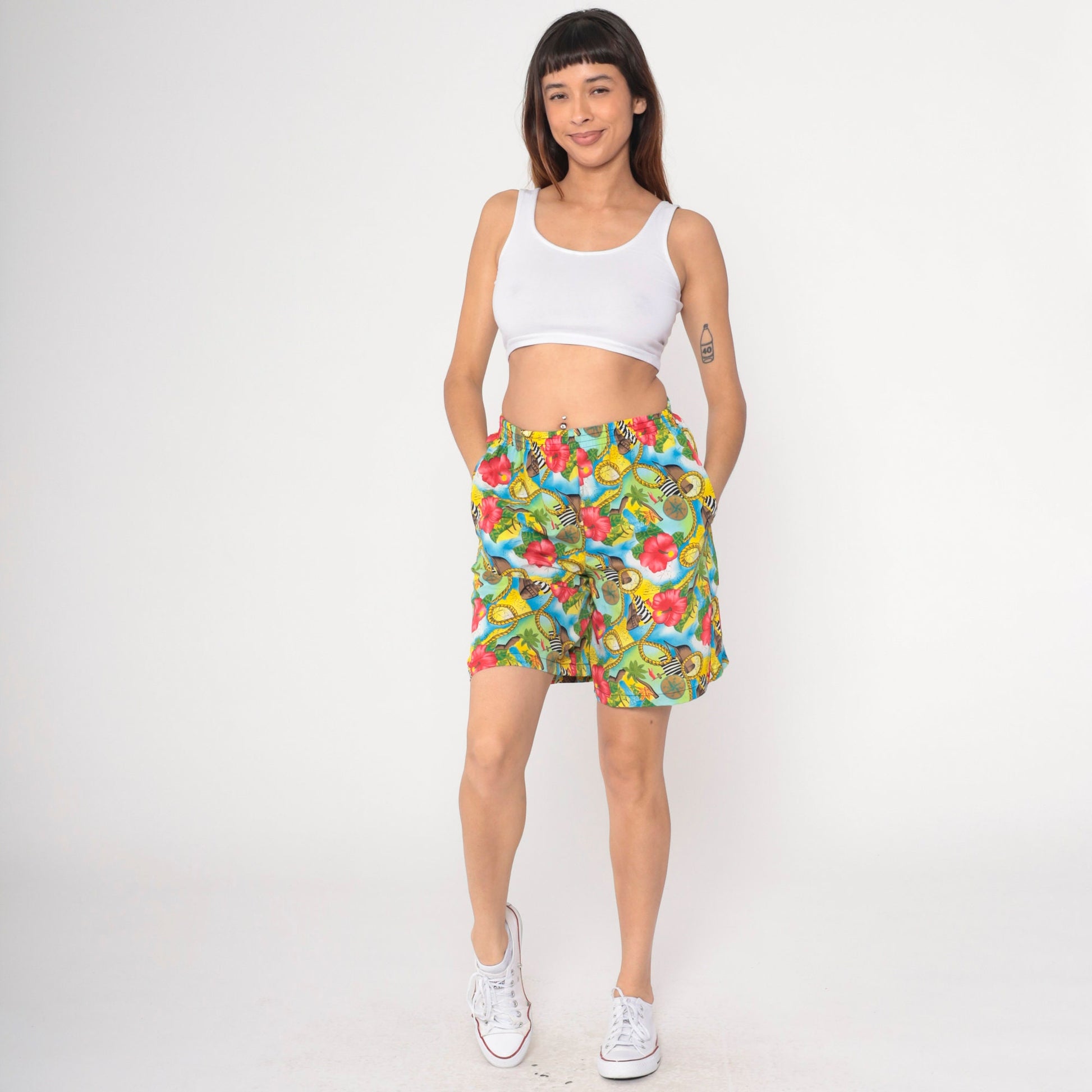 90s Hawaiian Print Shorts Pirate Ship Hibiscus Elastic Waist Small