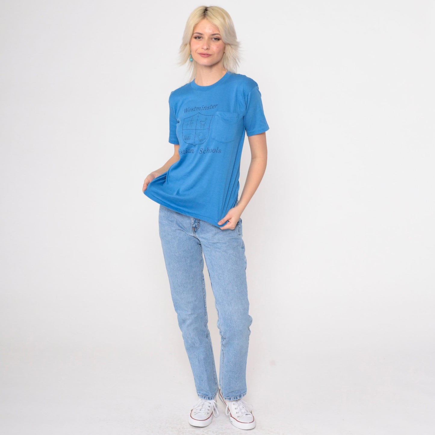 80s Westminster Christian Schools Logo T-Shirt Blue Graphic Tee Extra Small