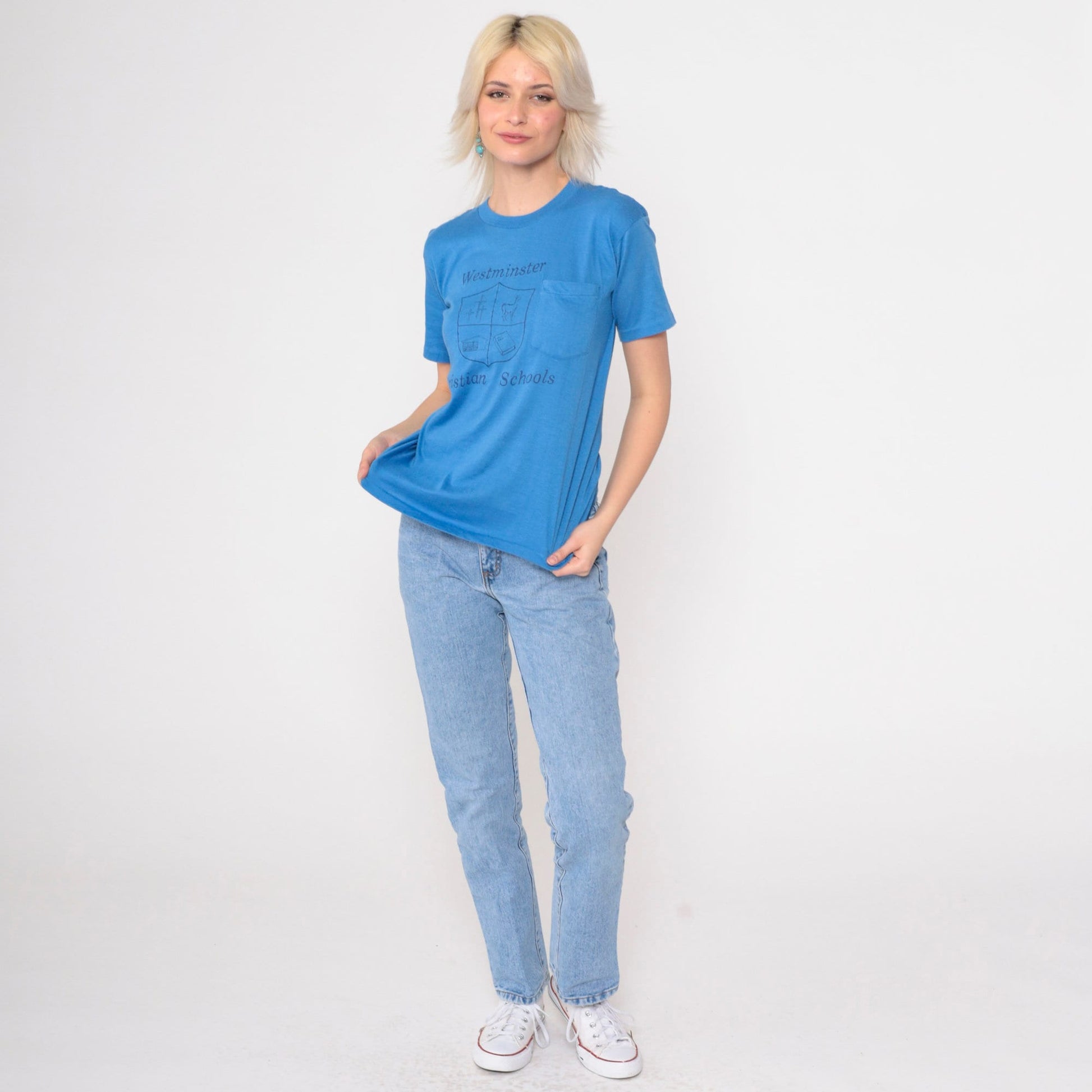 80s Westminster Christian Schools Logo T-Shirt Blue Graphic Tee Extra Small