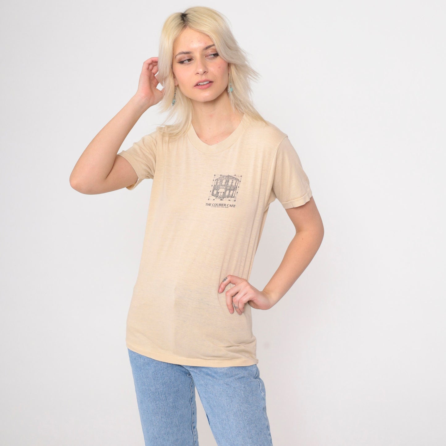 80s Courier Cafe Urbana Illinois Graphic T-Shirt Beige Single Stitch Extra Small