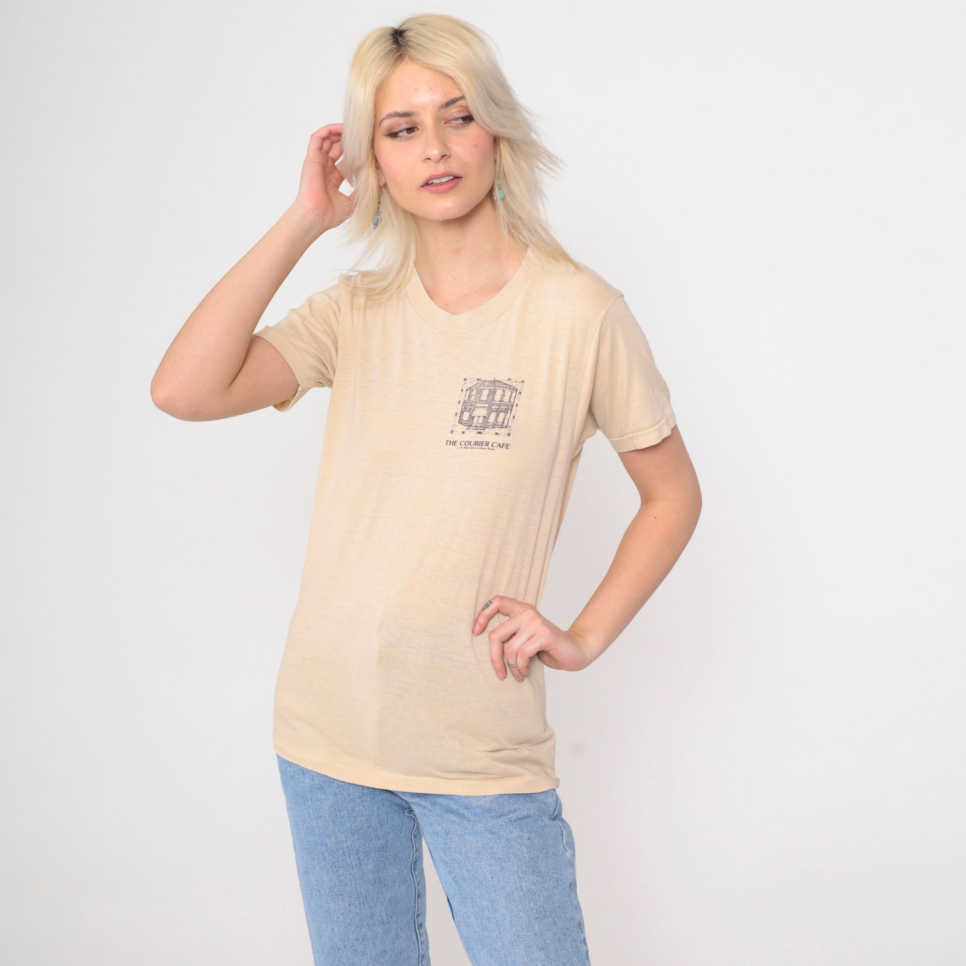 80s Courier Cafe Urbana Illinois Graphic T-Shirt Beige Single Stitch Extra Small