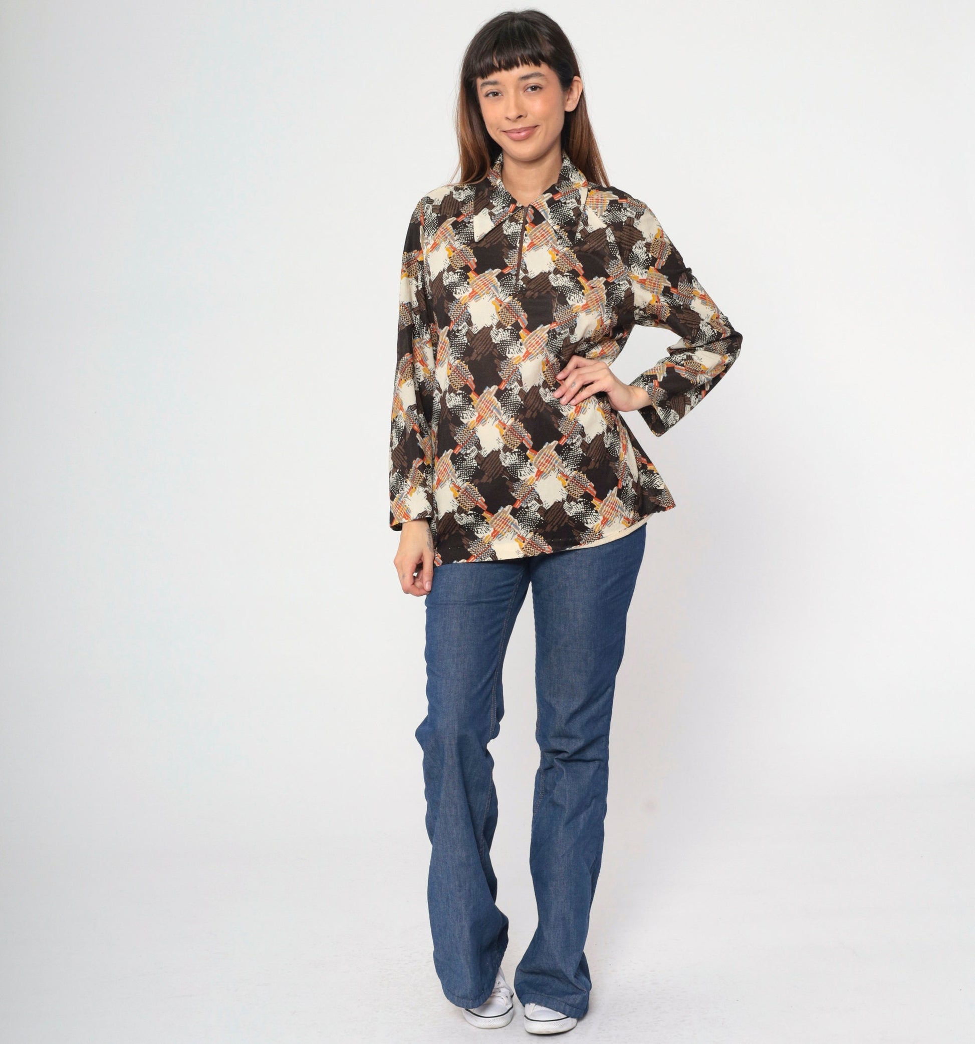 70s Abstract Print Blouse Brown Beige Orange Blue Zip Front Collared Large L