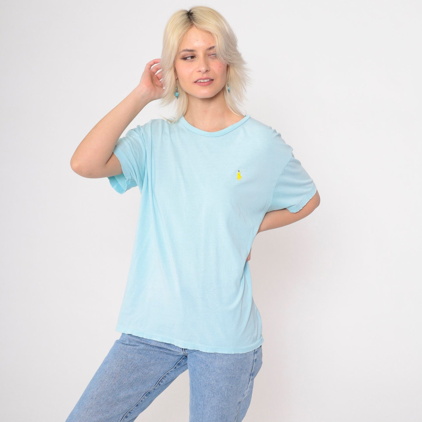 90s Polo Ralph Lauren T Shirt Baby Blue Distressed Logo Medium