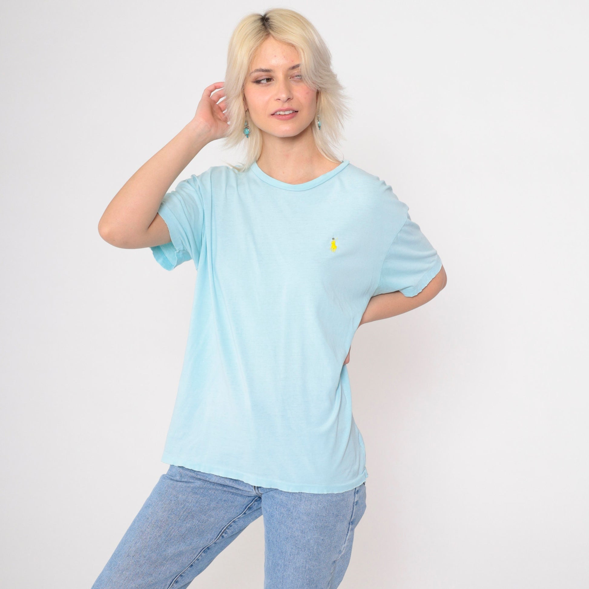 90s Polo Ralph Lauren T Shirt Baby Blue Distressed Logo Medium
