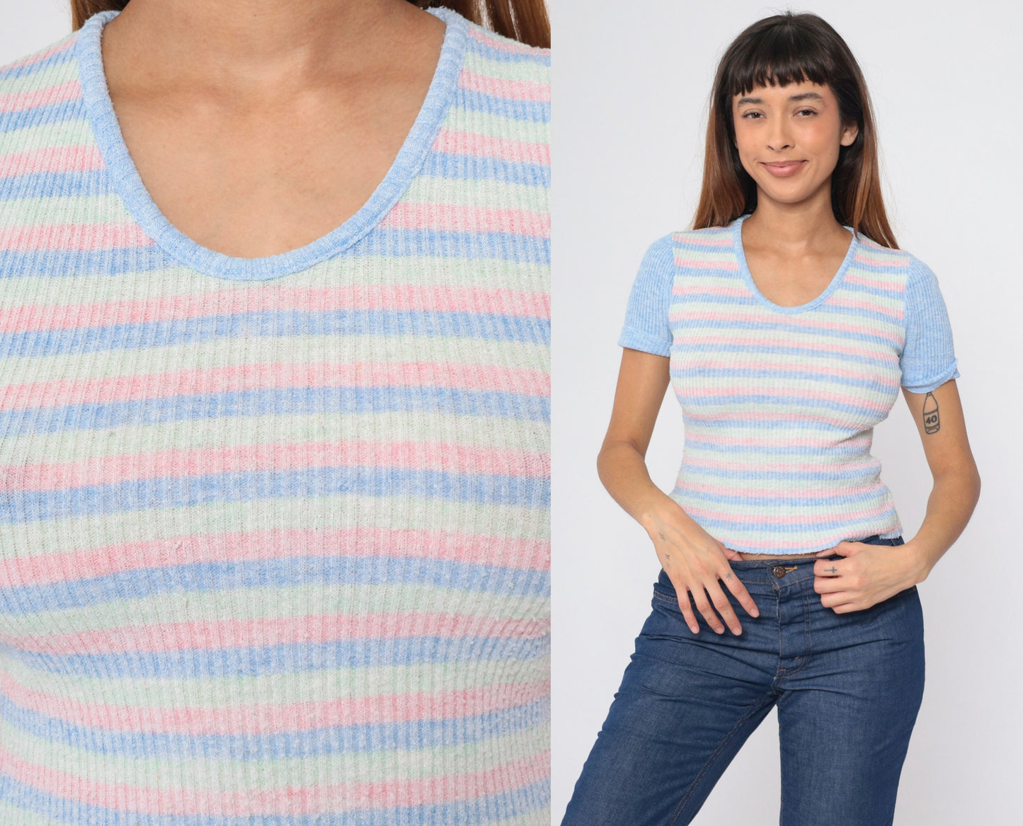70s Striped Knit Top Pastel Blue Pink Green Ringer Short Sleeve Small