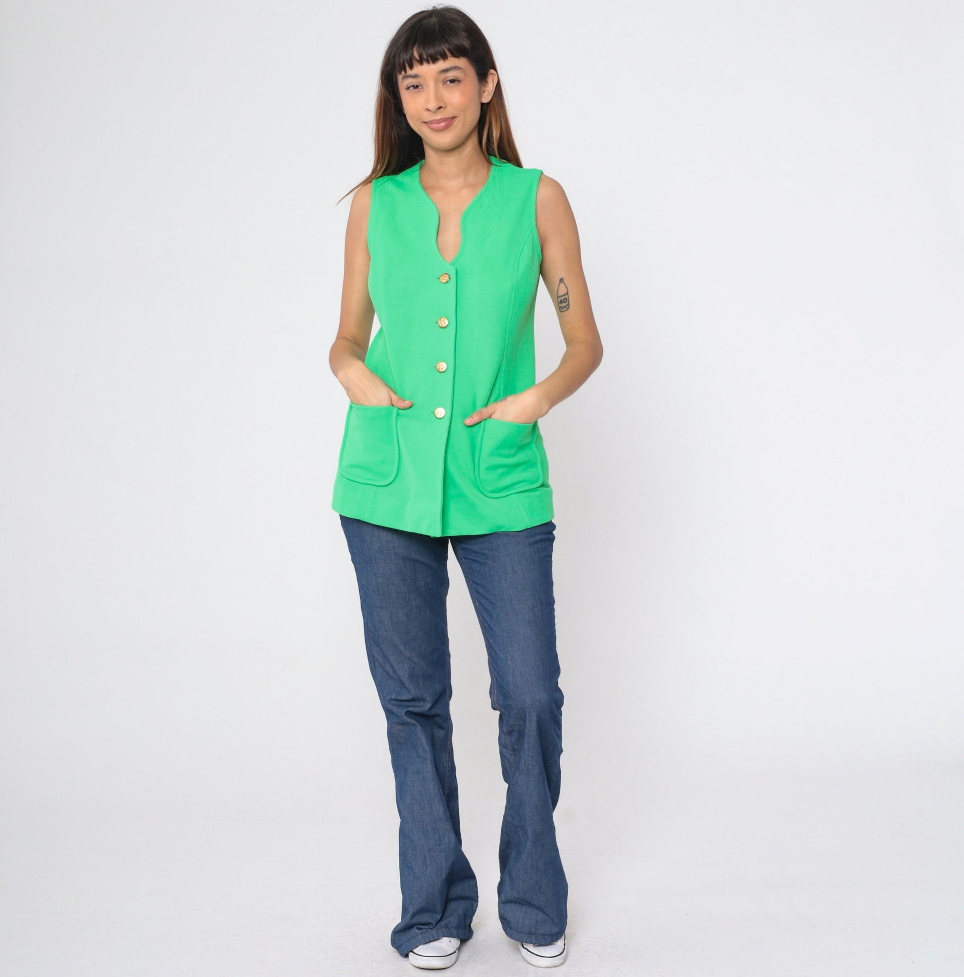 70s Lime Green Button-Up Tank Top Longline Pockets Small