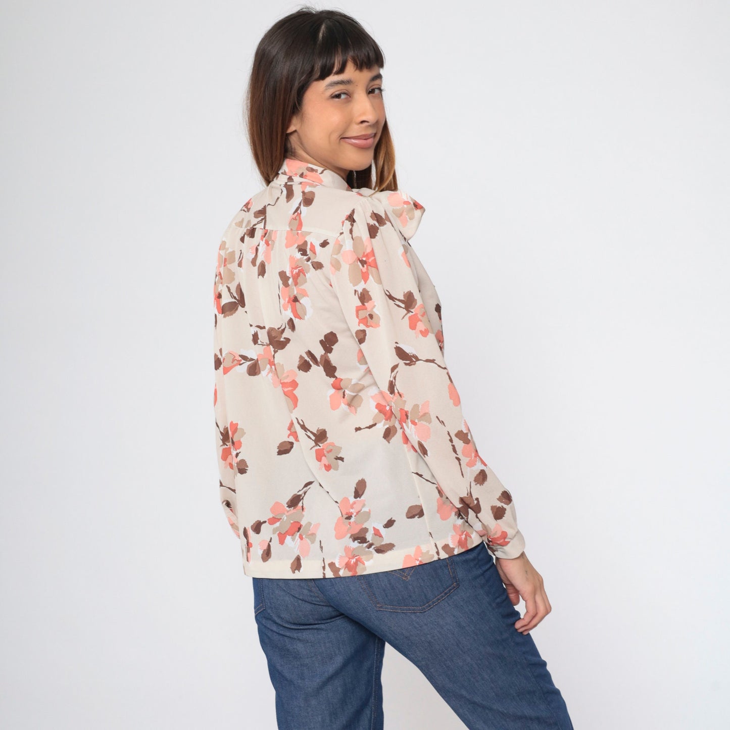 70s Floral Taupe Ascot Blouse Button-Up Long Sleeve Shirt Medium