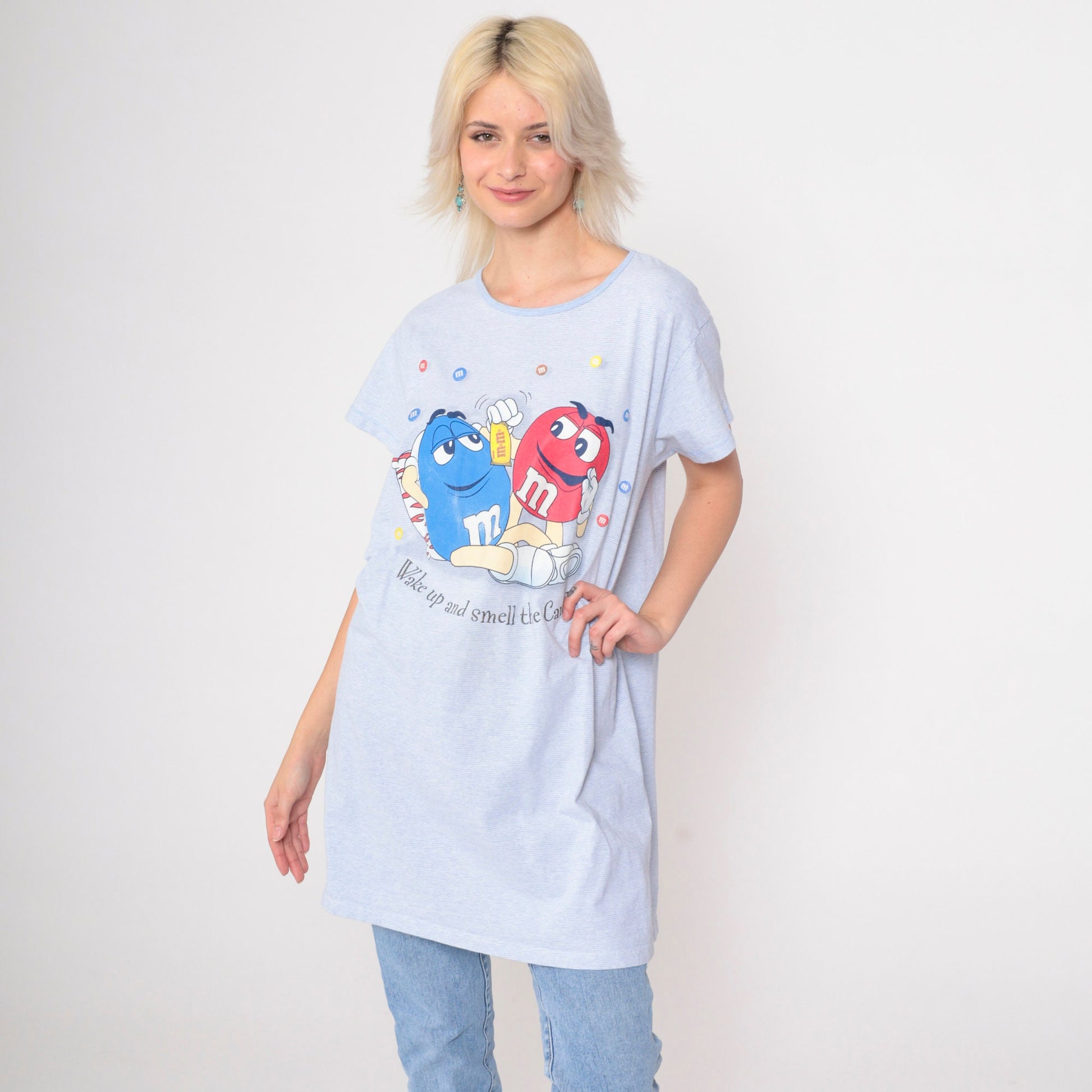 90s M&Ms T-Shirt Dress Blue Striped Graphic Pajama Dress Large XL