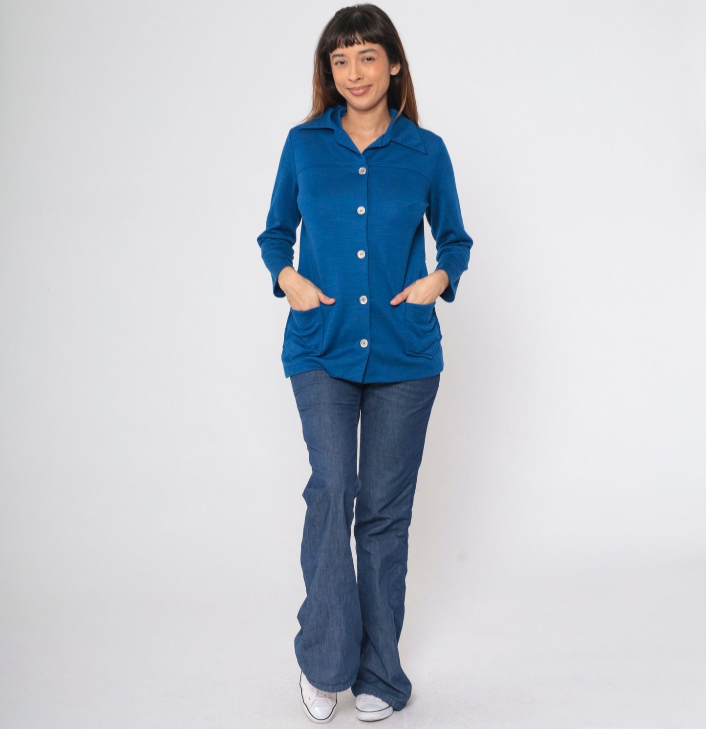 70s Berkshire Wool Blend Button-Up Blouse Dark Blue Pointed Collar Medium