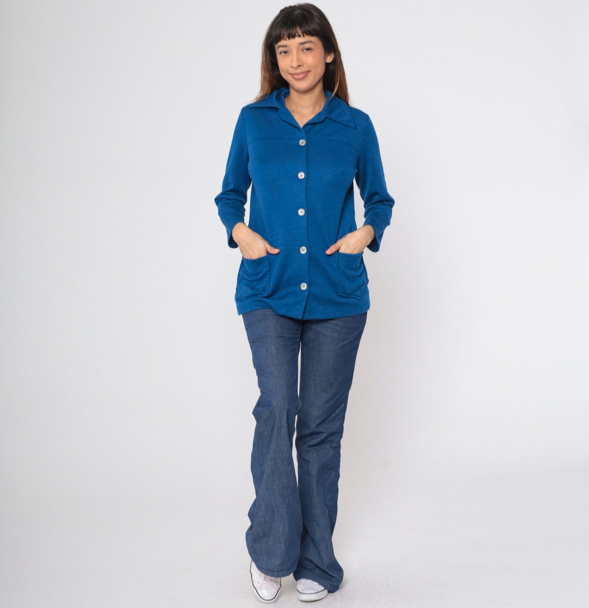 70s Berkshire Wool Blend Button-Up Blouse Dark Blue Pointed Collar Medium