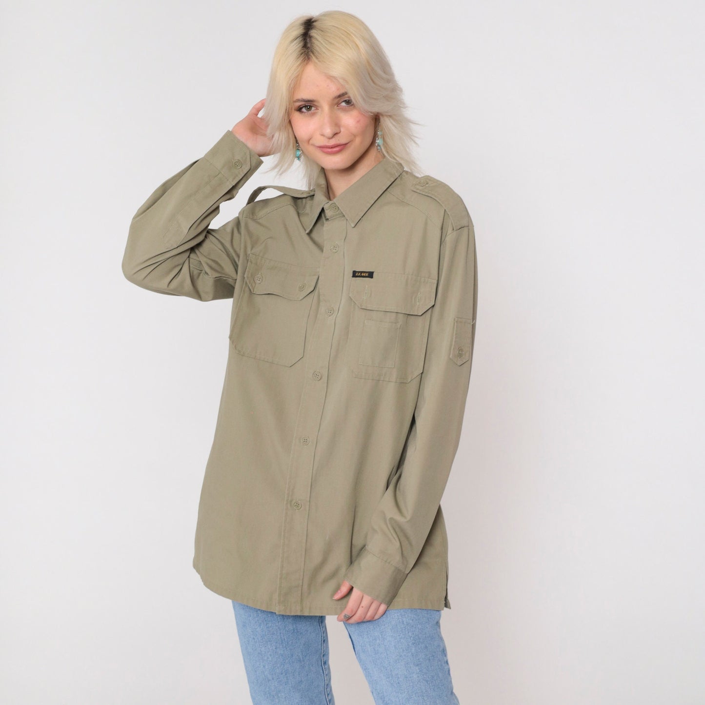 90s Utility Shirt Khaki Military Style Button Up Long Sleeve Medium
