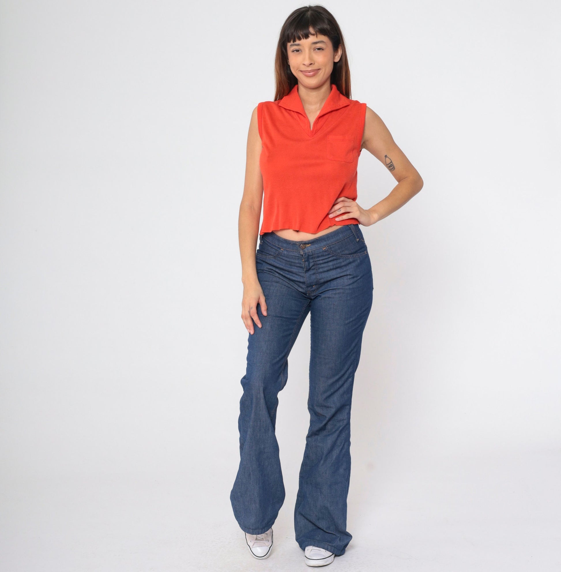 70s Crop Top Bright Red V-Neck Collared Sleeveless Shirt Small