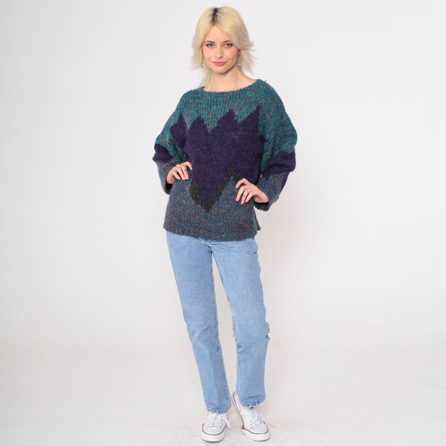 90s Purple Teal Colour Block Wool Blend Sweater Geometric Knit Large L