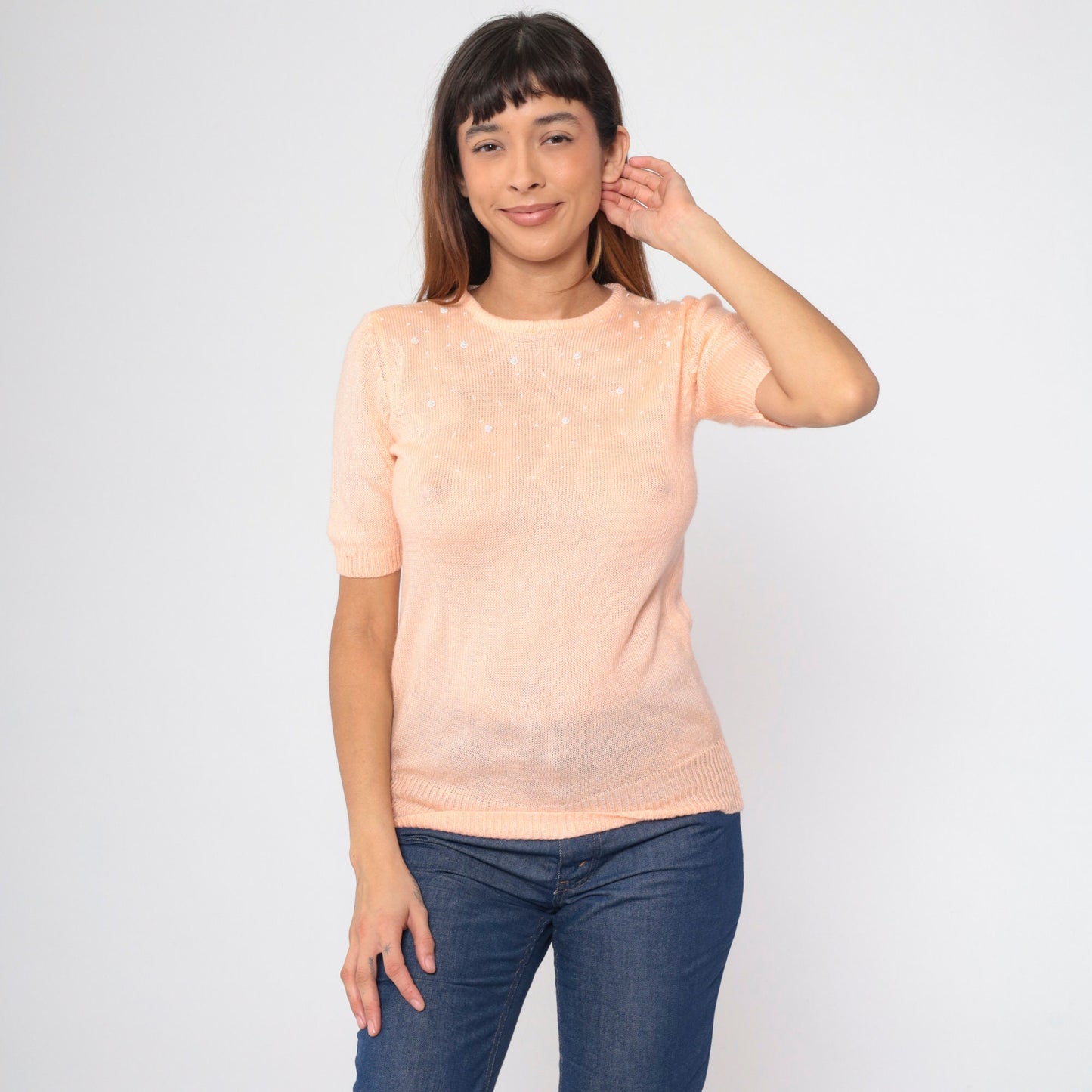 80s Peach Knit Top Beaded Neckline Short Sleeve Blouse Small