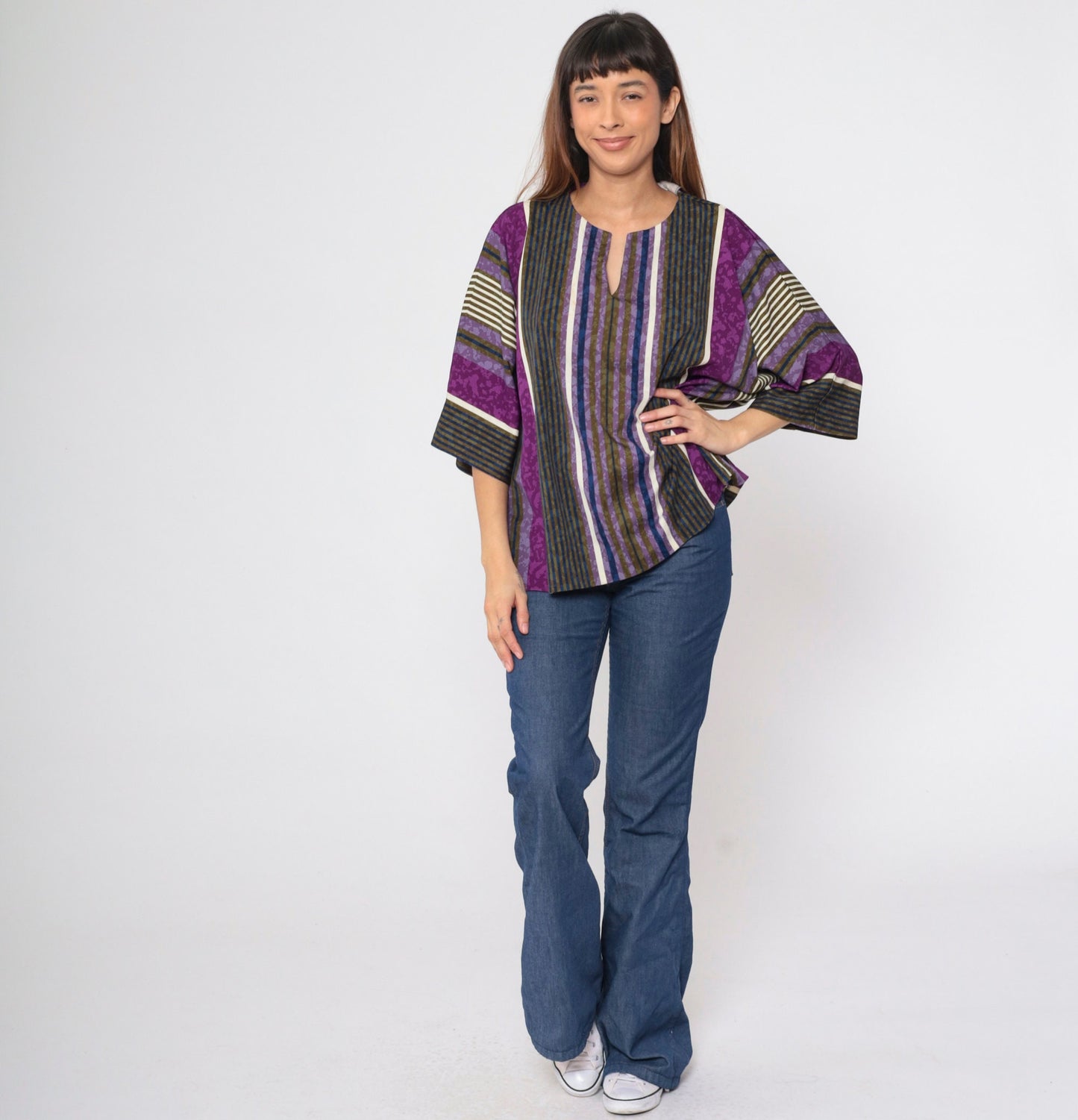 80s Top Notch Striped Tunic Purple Blue Olive 3/4 Sleeve Plus Size XXL