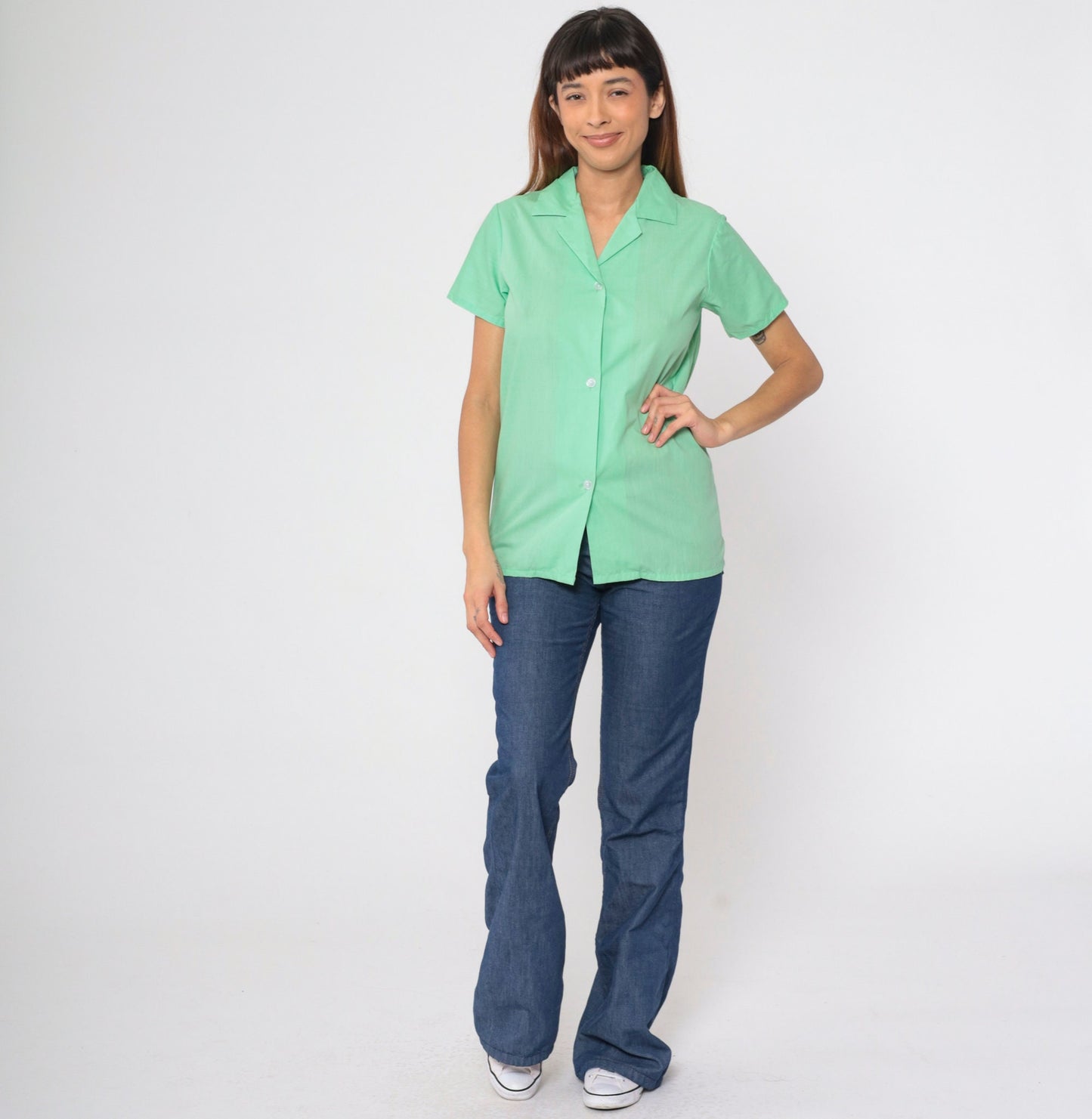 70s Mint Green Button Up Shirt Short Sleeve Sears Blouse Extra Small