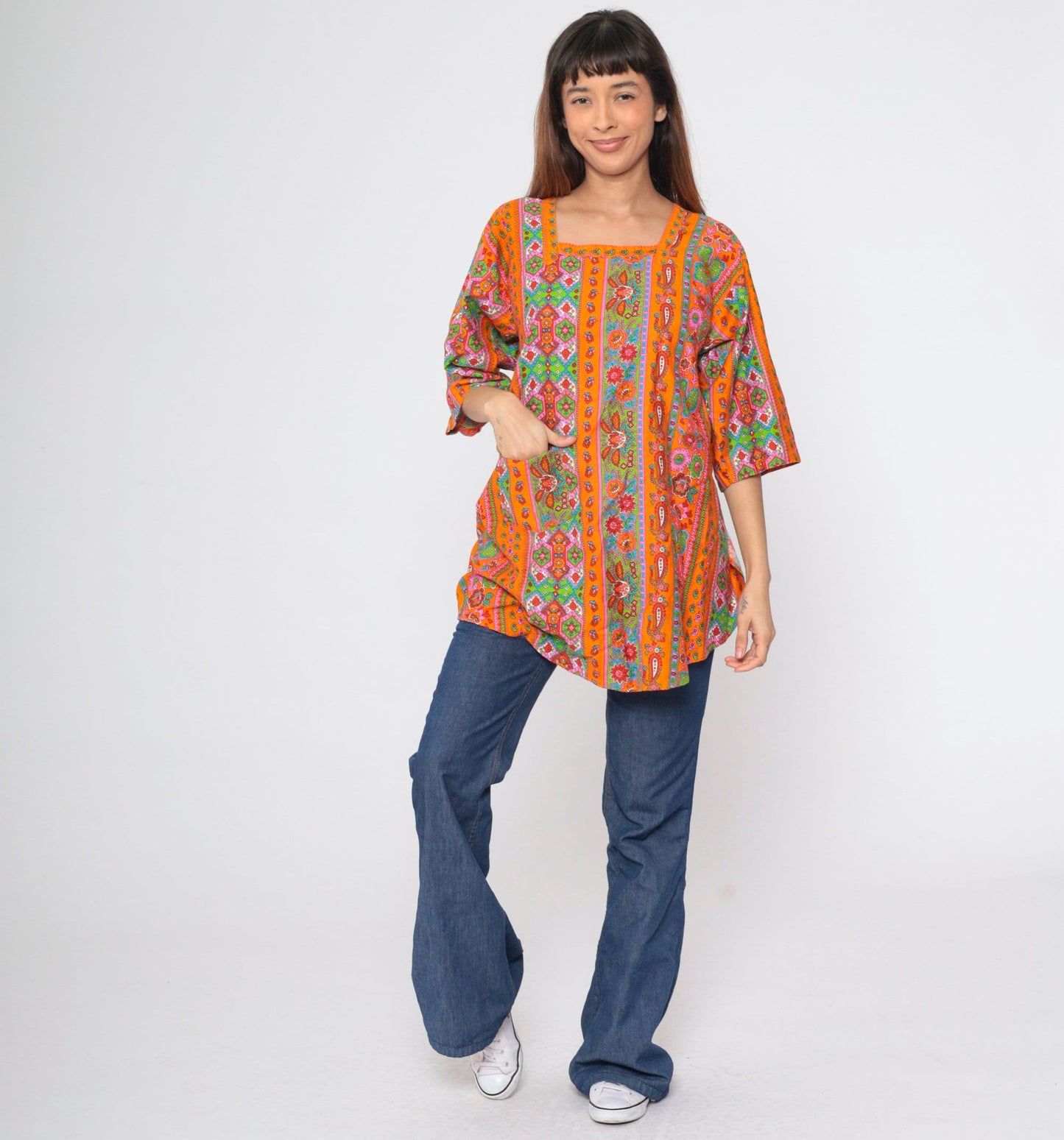 70s Floral Paisley Orange Apron Top Tie Back Tunic Small