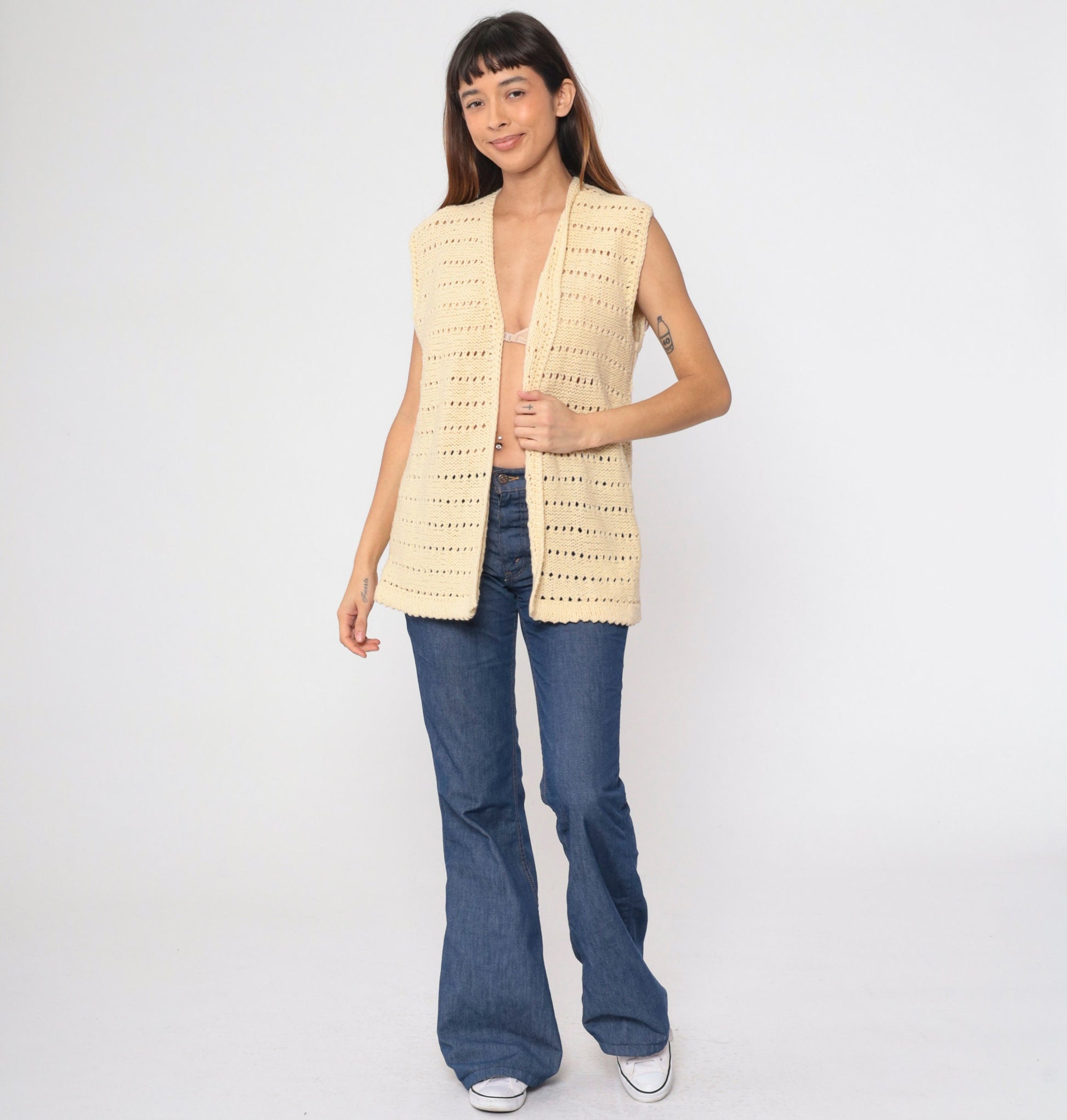 70s Cream Knit Vest Sleeveless V-Neck Sweater Tank Medium