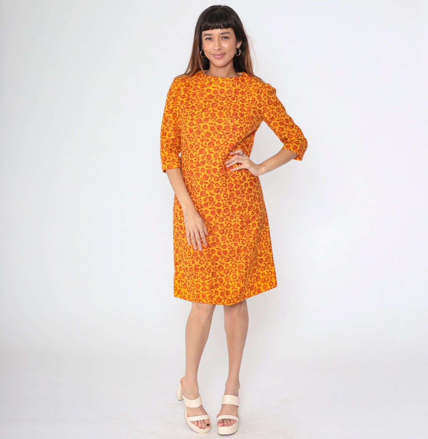 60s Floral Wool Shift Dress Yellow Orange Mod 3/4 Sleeve Small