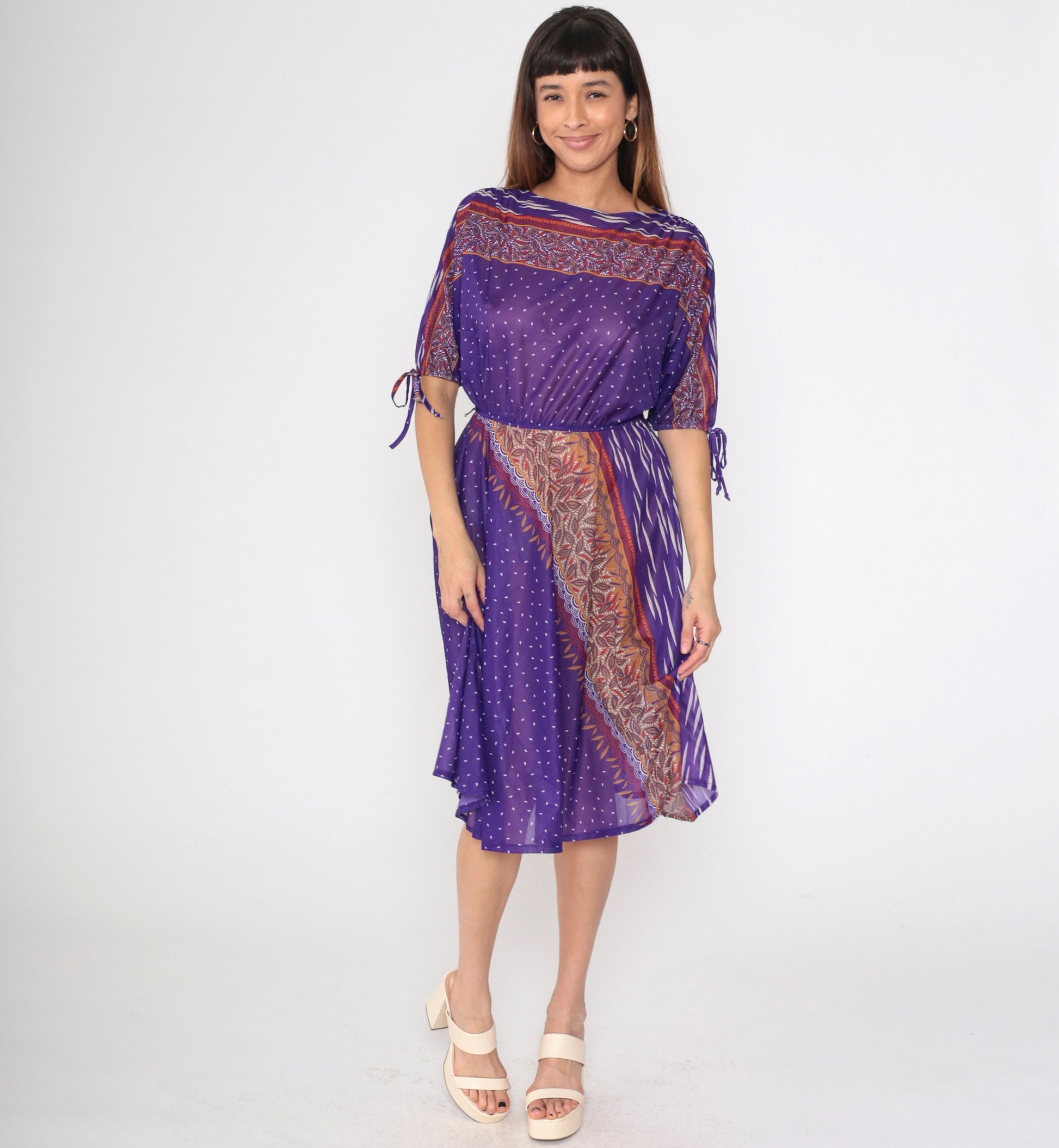70s Purple Leaf Print Midi Dress Dolman Tie Sleeves Elastic Waist Small Medium