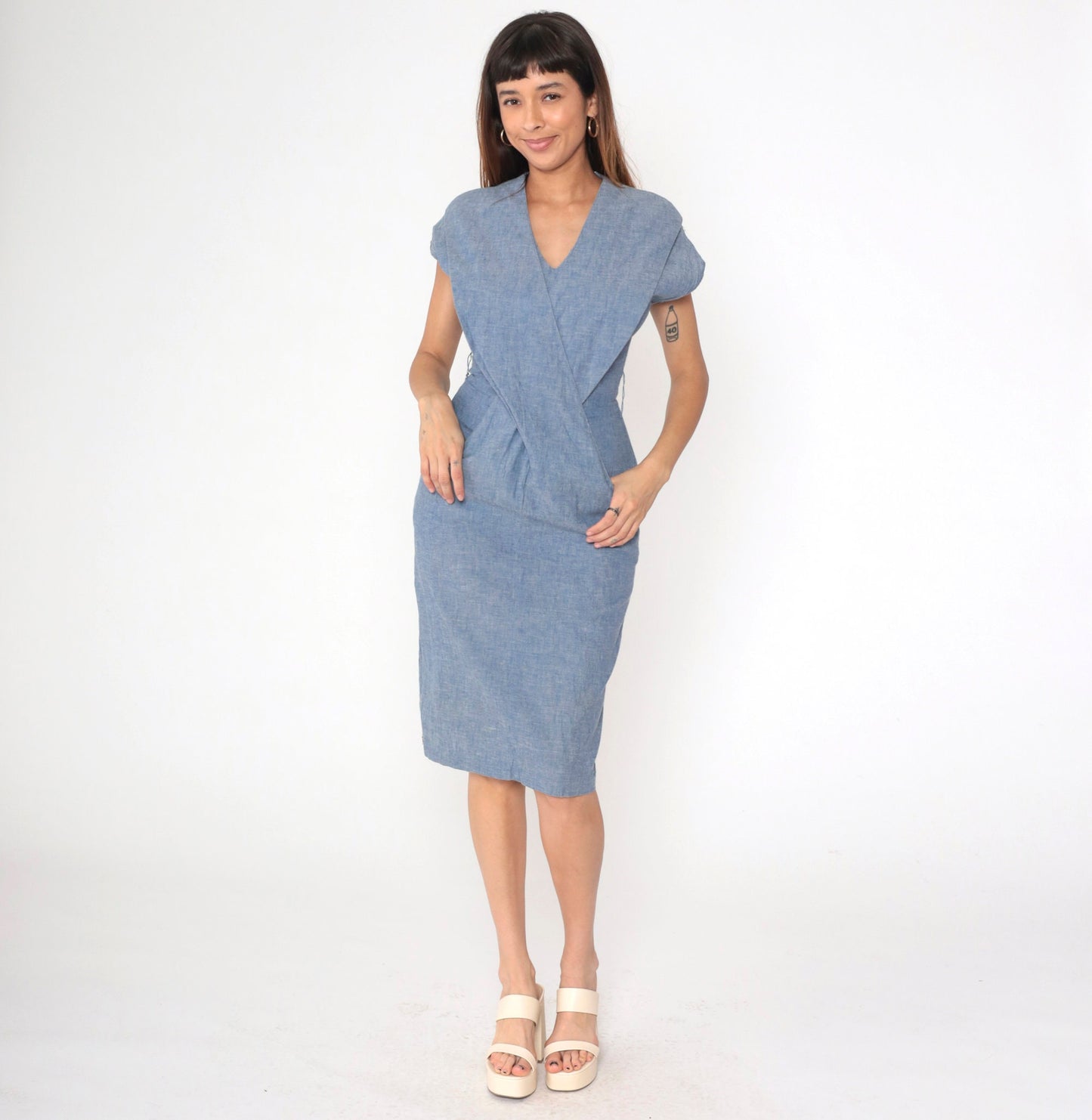 80s Blue Criss-Cross Wrap Midi Dress V-Neck Short Sleeve Small S