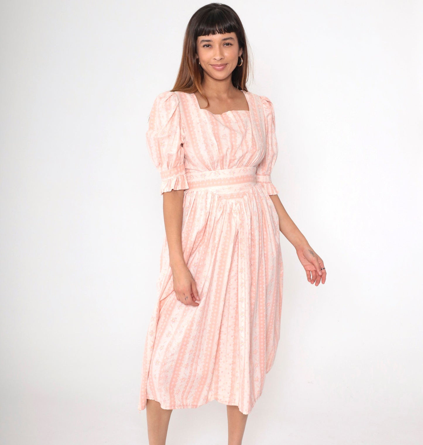 70s Pink Floral Midi Dress Puff Sleeve High Waist Small