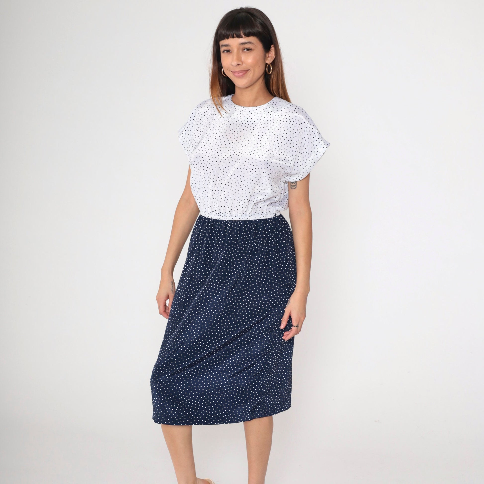 80s Leslie Fay Polka Dot Knee-Length Dress Navy White High-Waisted Medium