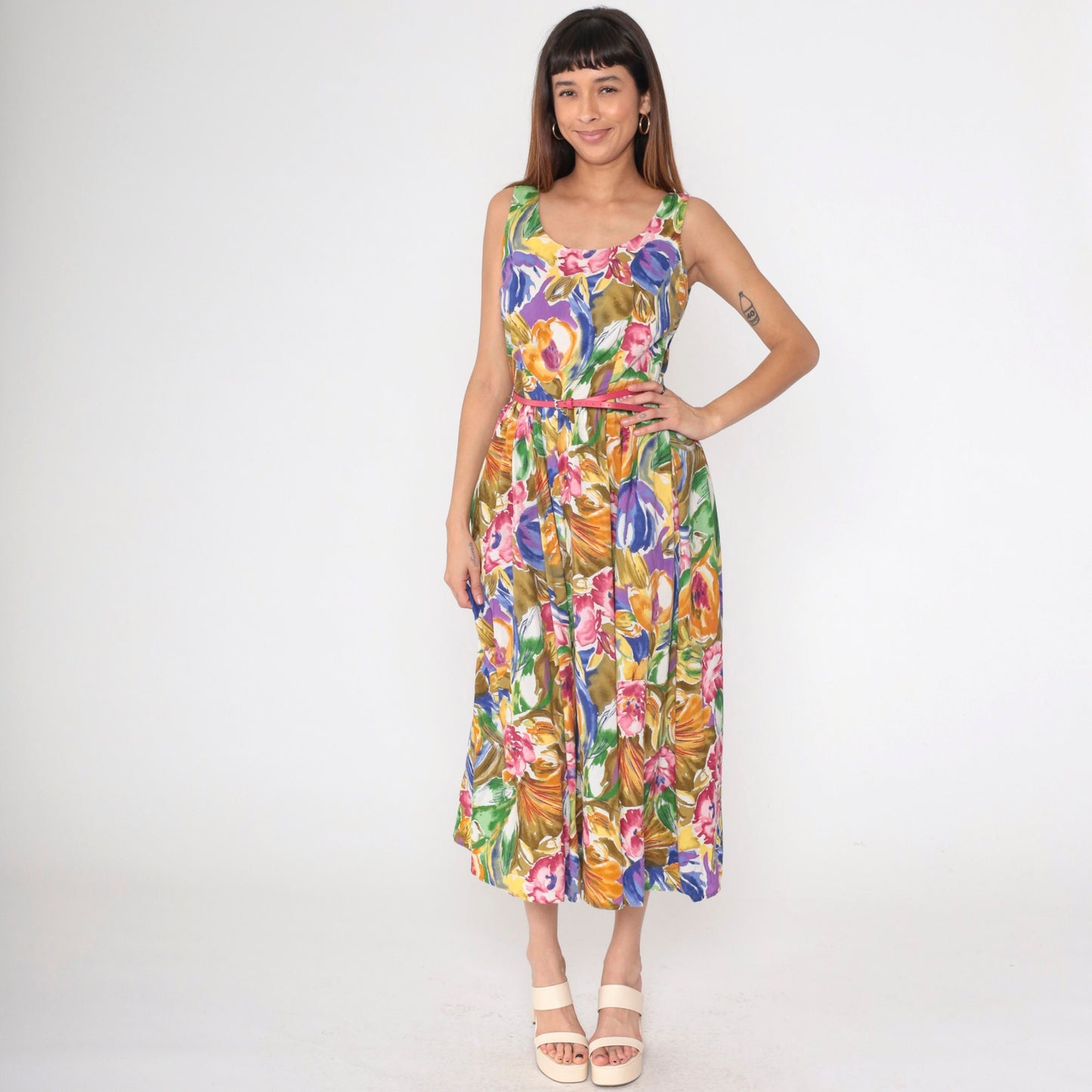 90s Banana Republic Floral Midi Dress Multicolor Sleeveless High Waist Small 6