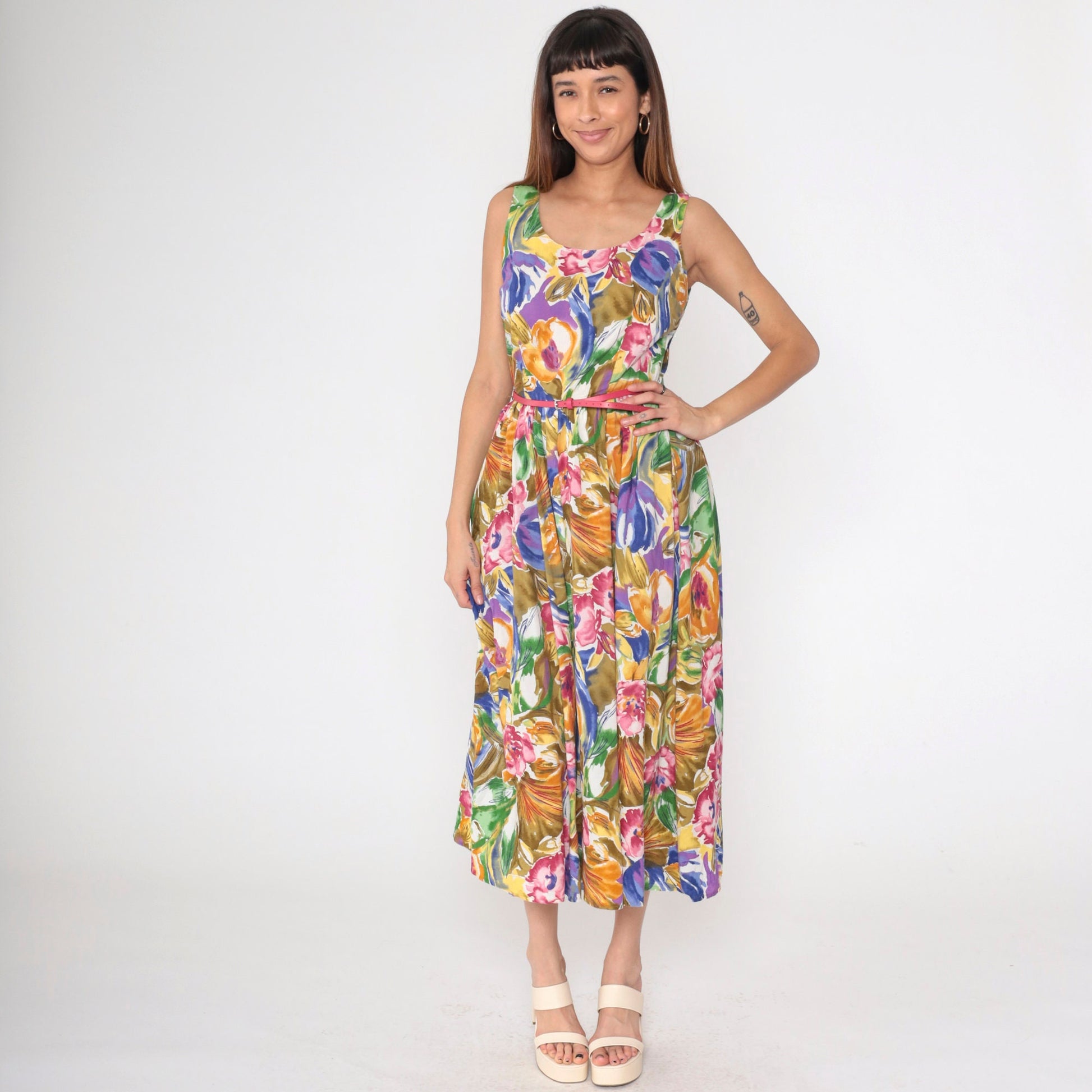 90s Banana Republic Floral Midi Dress Multicolor Sleeveless High Waist Small 6