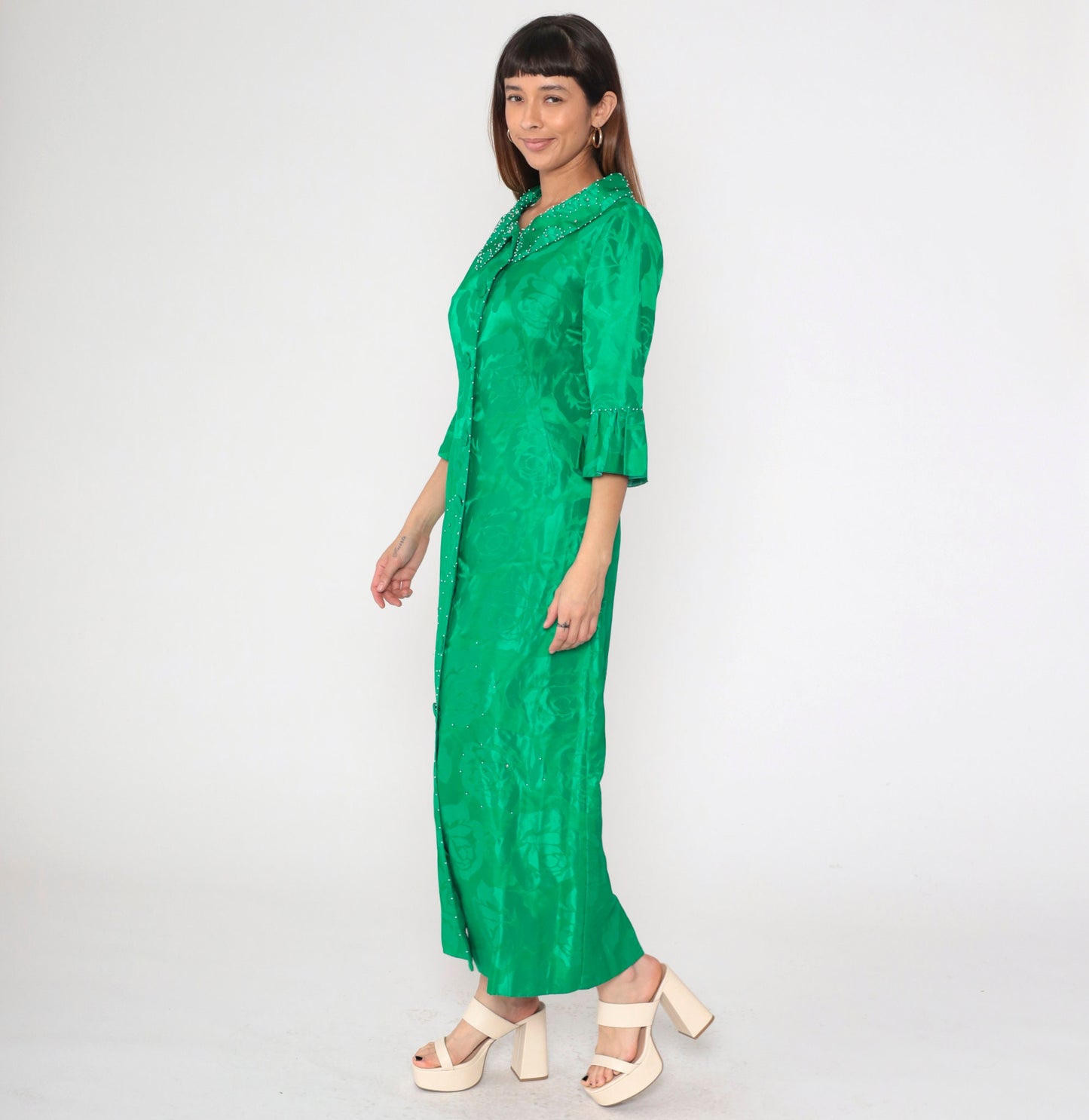 60s Alice of California Green Jacquard Floral Maxi Dress Pearl Beaded Peter Pan Collar Small