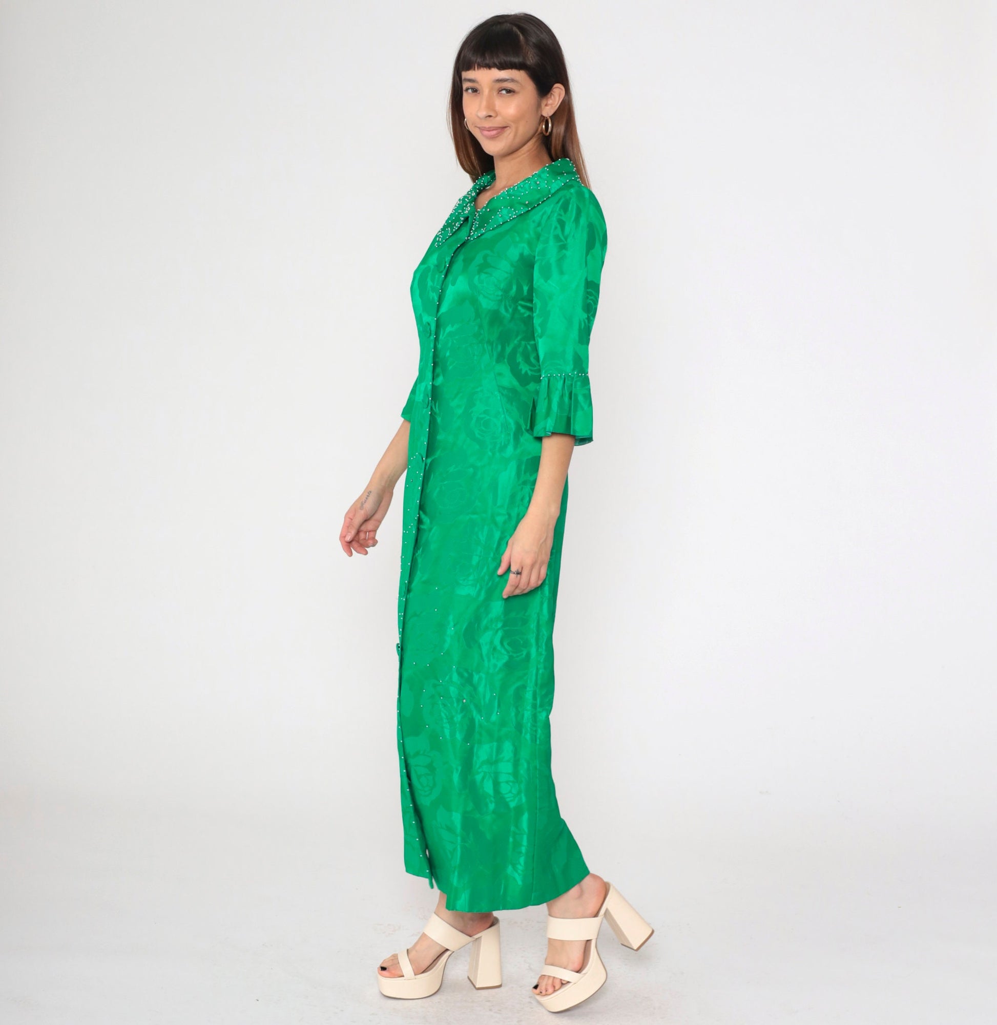 60s Alice of California Green Jacquard Floral Maxi Dress Pearl Beaded Peter Pan Collar Small